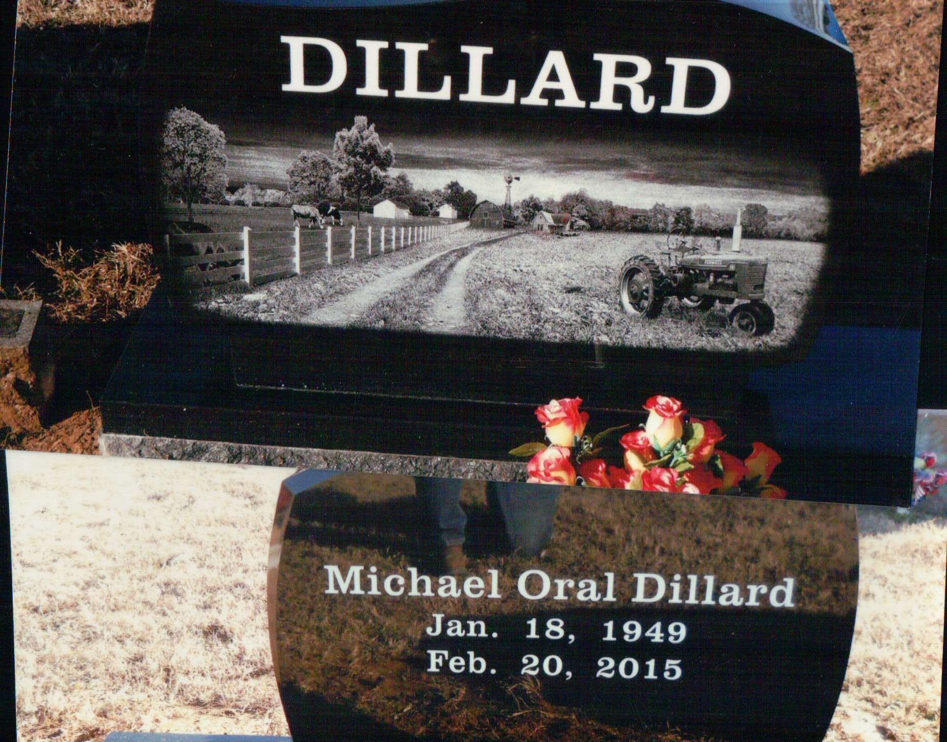 A black granite headstone with an engraved farm scene, featuring a tractor and 