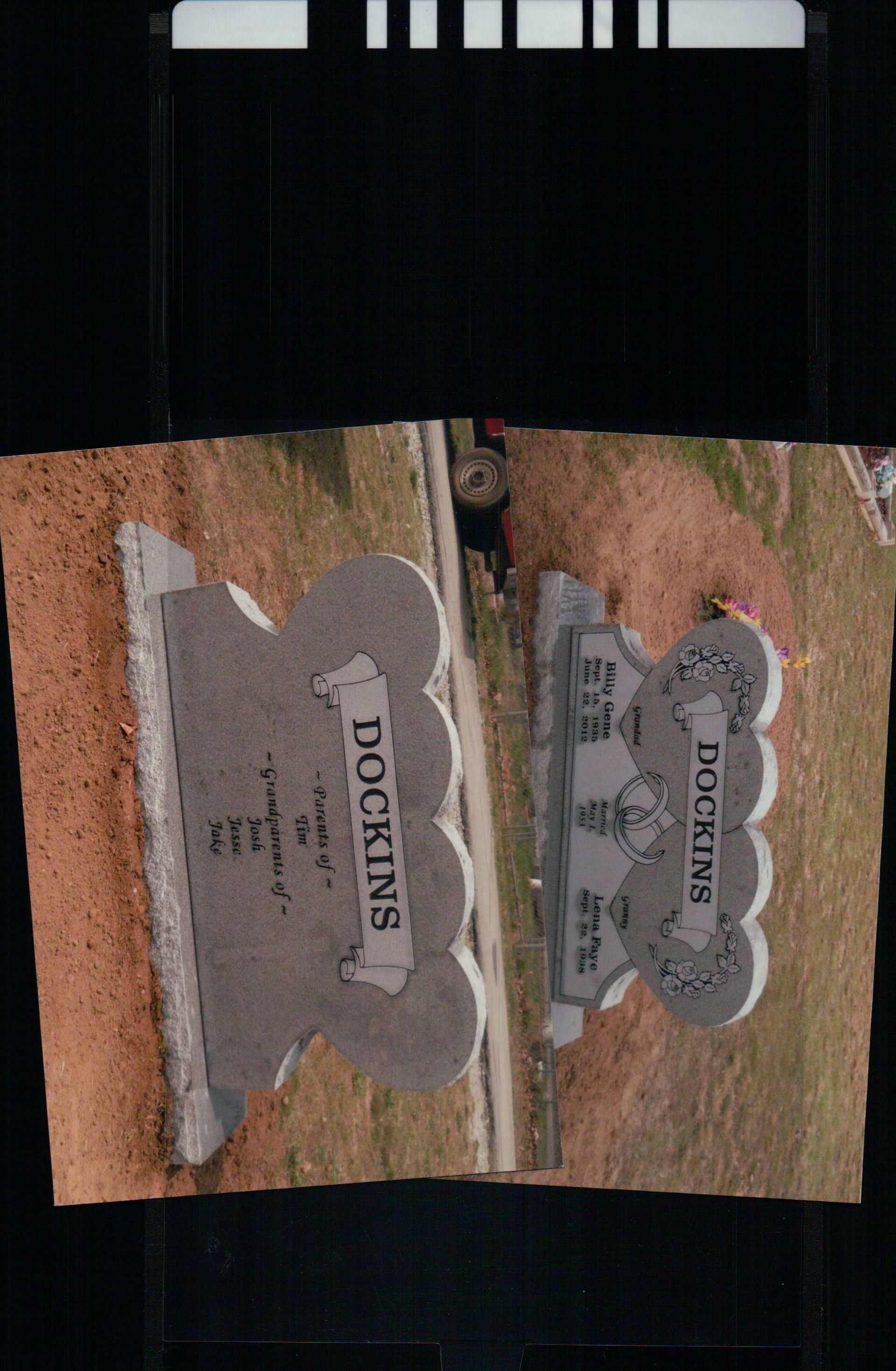 Two gray stone grave markers with the name DOCKINS engraved on them, standing side-by-side in a grassy cemetery field.