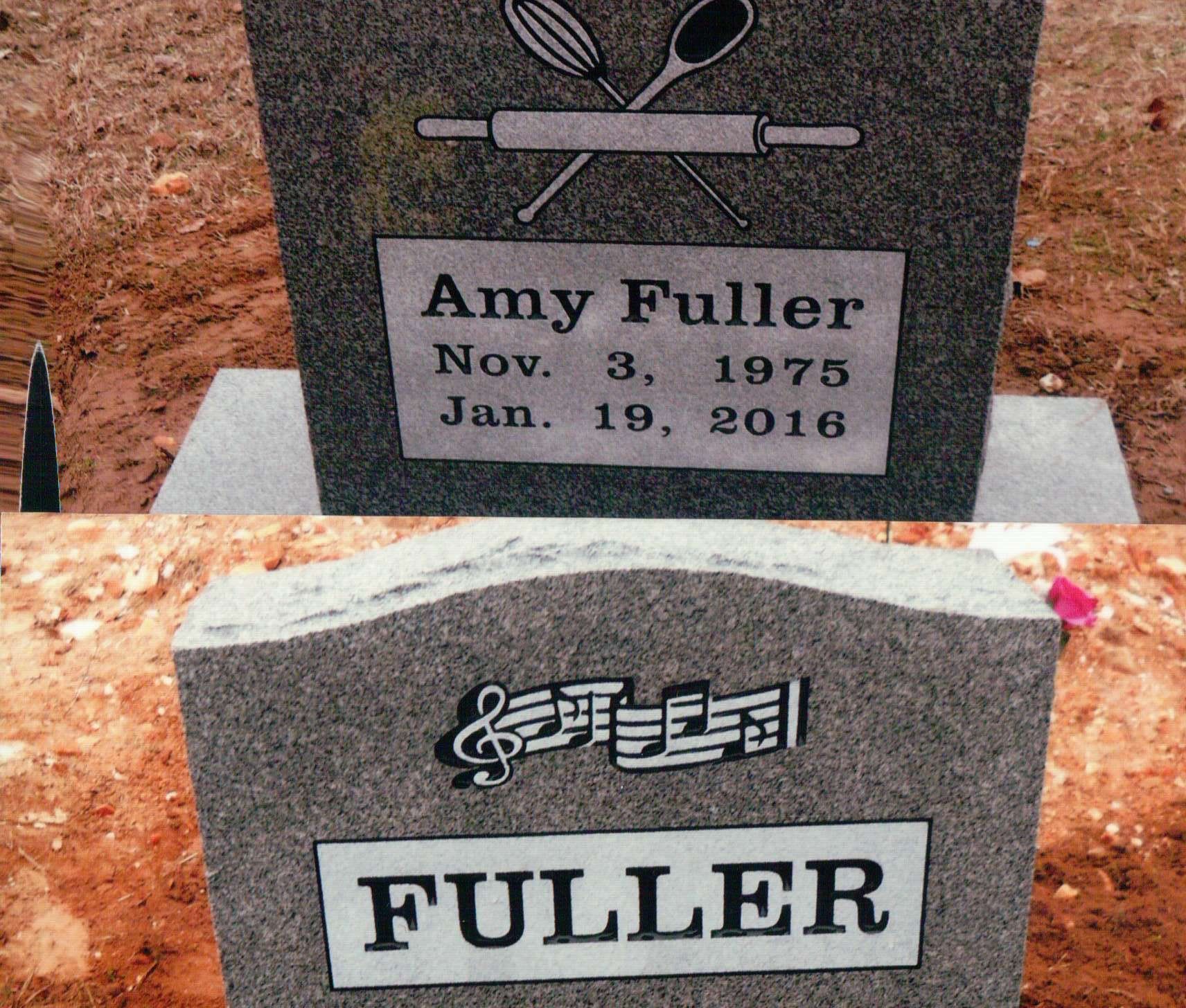 Two gray stone grave markers. One for Amy Fuller (1975–2016) with baking tools, and one inscribed 