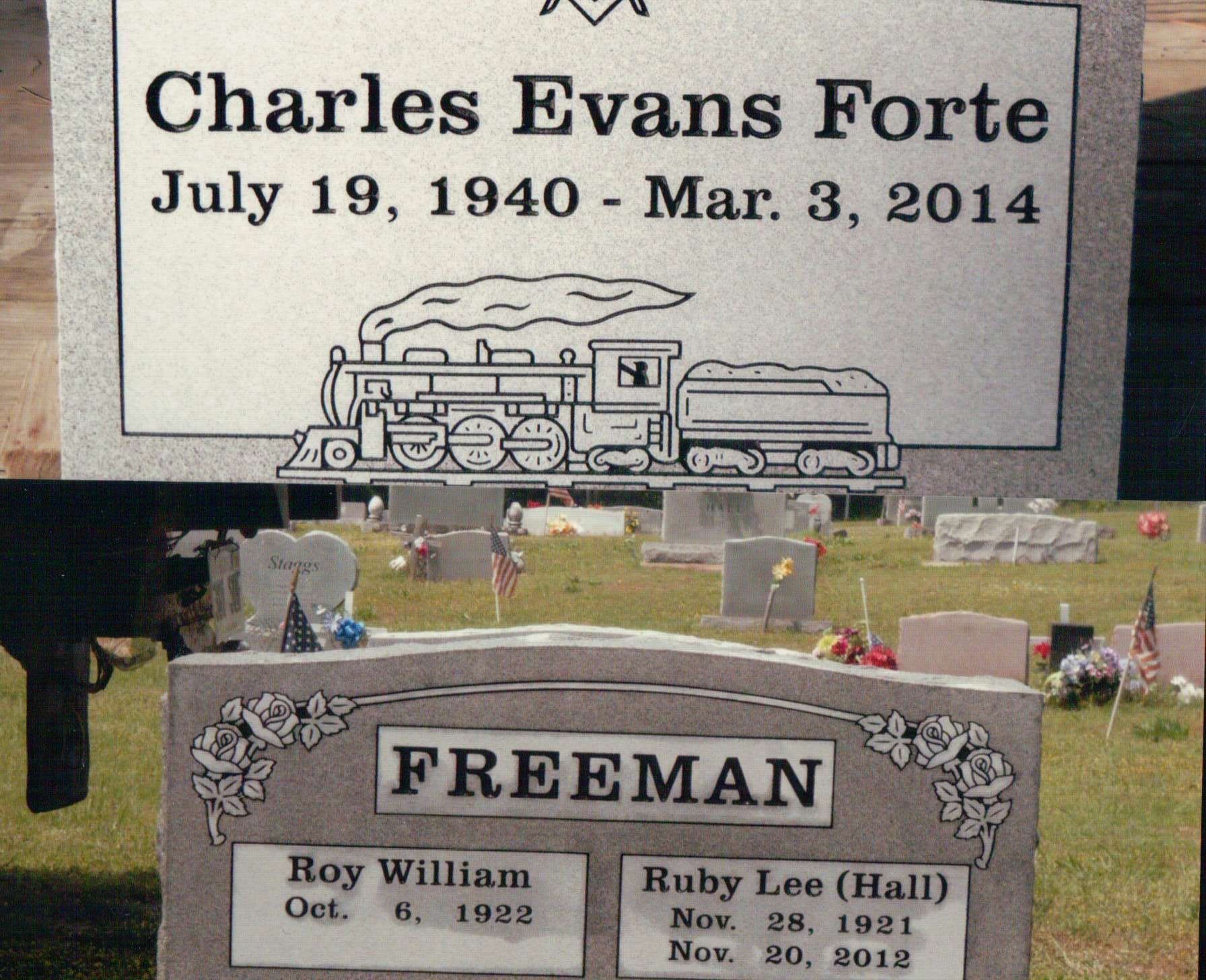 Two gravestones in a cemetery: one for Charles Evans Forte with a train engraving, and one for the Freeman couple.