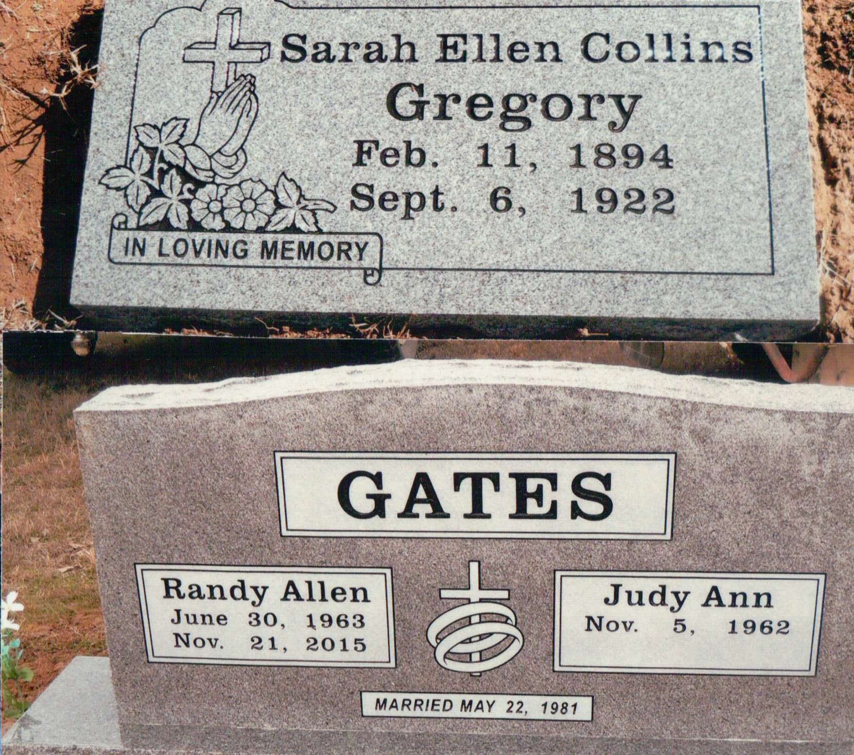 Two headstones in a cemetery; one for Sarah Ellen Collins Gregory (1894-1922) and one for the Gates family.
