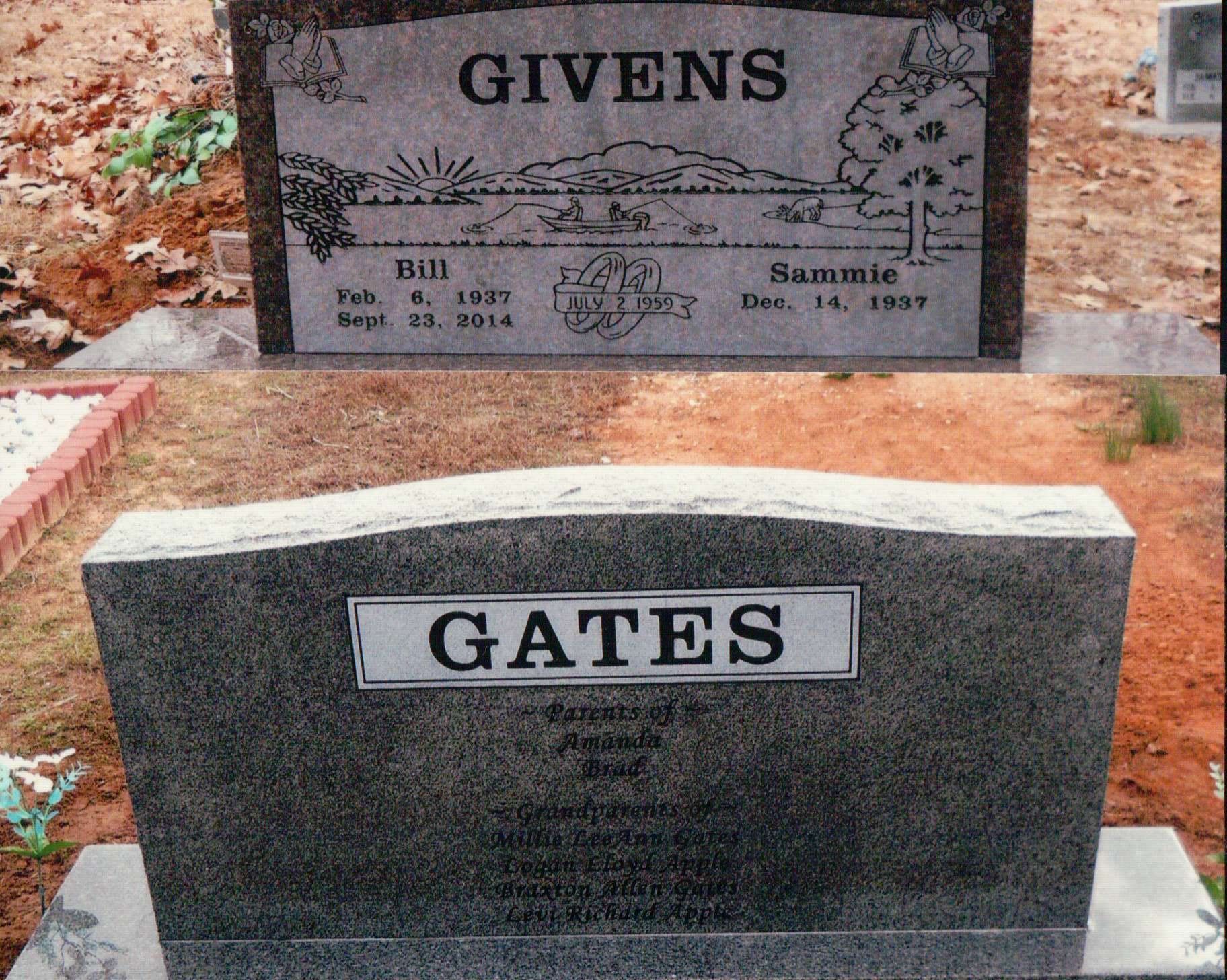 Two gray granite headstones in a cemetery, one labeled 