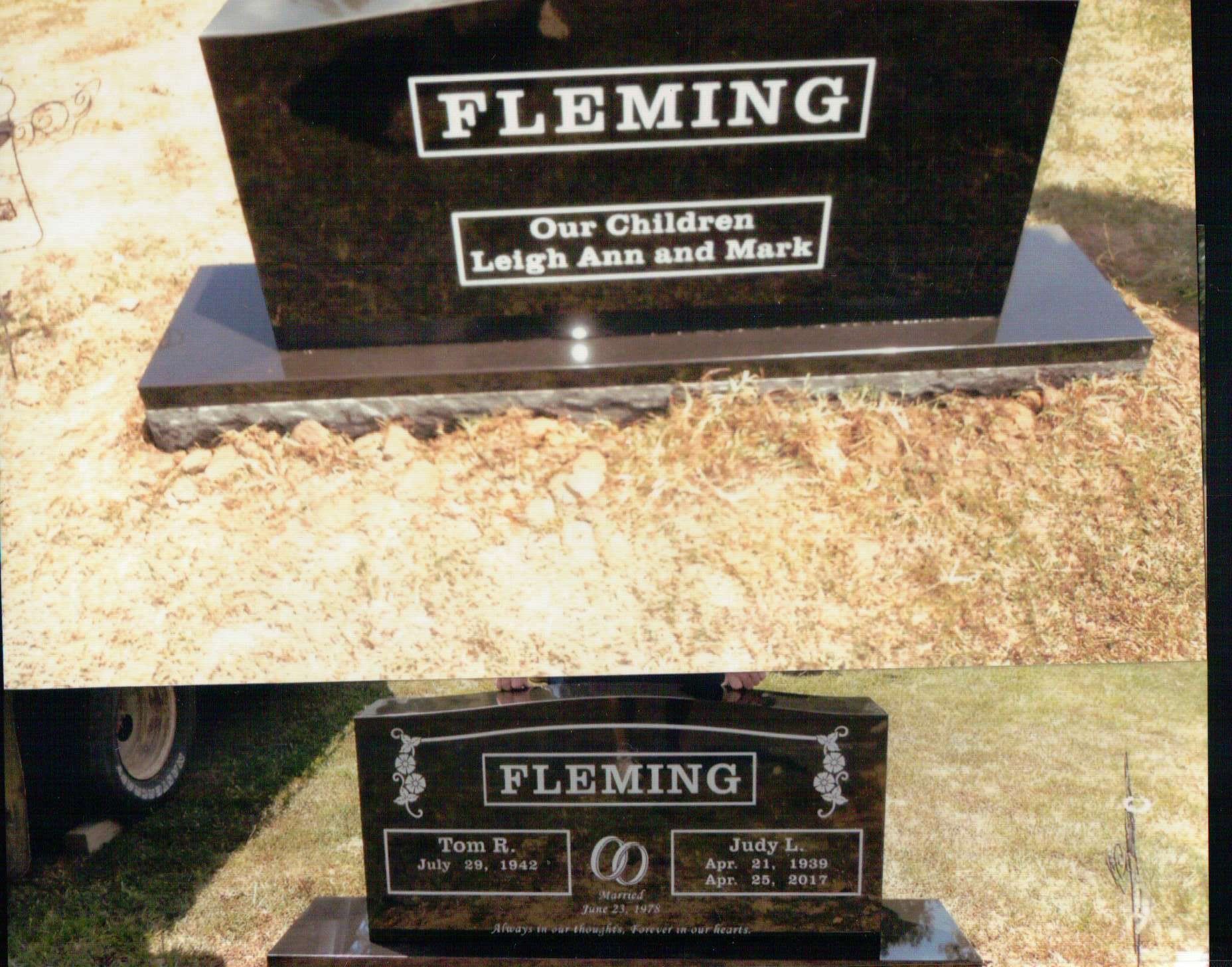 A composite image shows two views of a black granite memorial headstone engraved with the name 