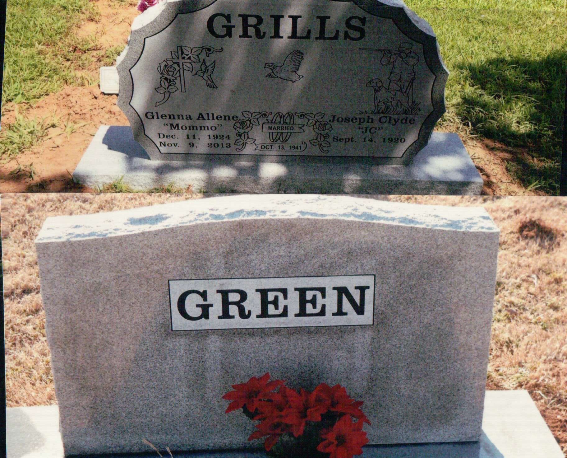 Two granite grave markers in a cemetery, with the name 