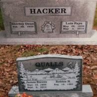 Two grey stone grave markers in a field of fallen leaves. One is for the Hacker family, the other for the Qualls family.