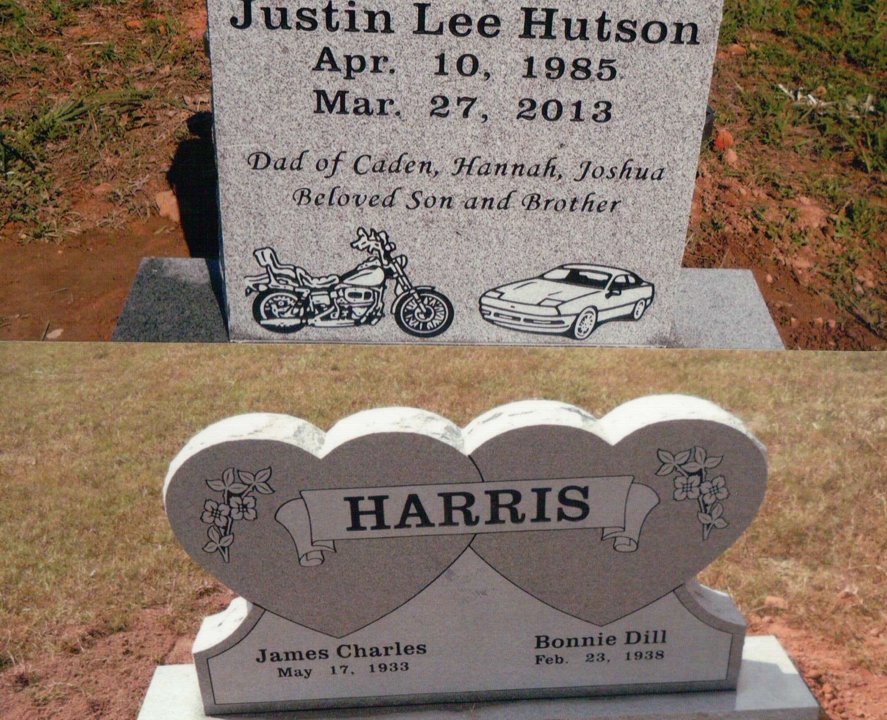 Two grave markers: one upright stone for Justin Lee Hutson and a heart-shaped double headstone for the Harris family.