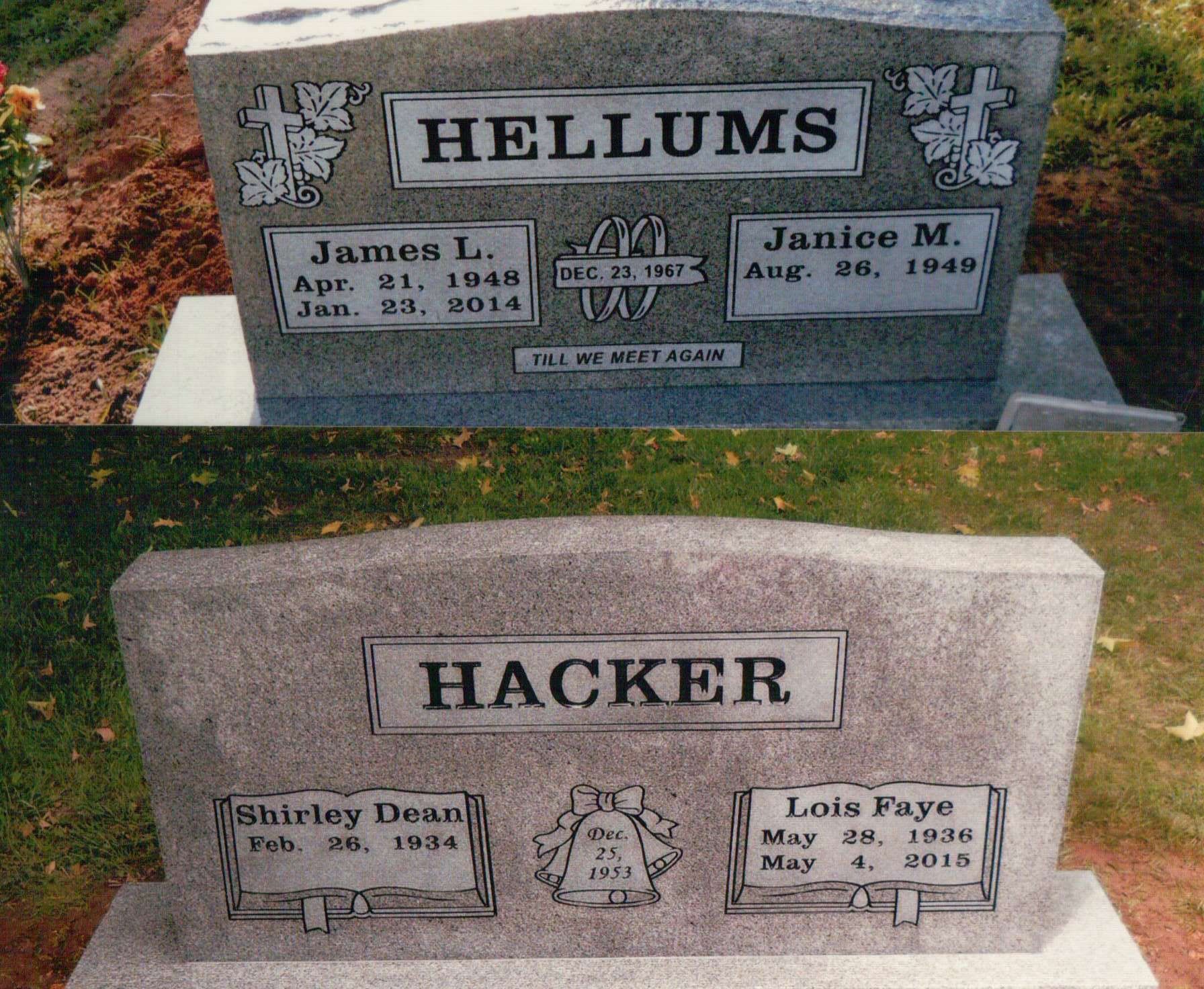 A composite image of two gray granite headstones: the Hellums marker and the Hacker marker, displayed side-by-side.