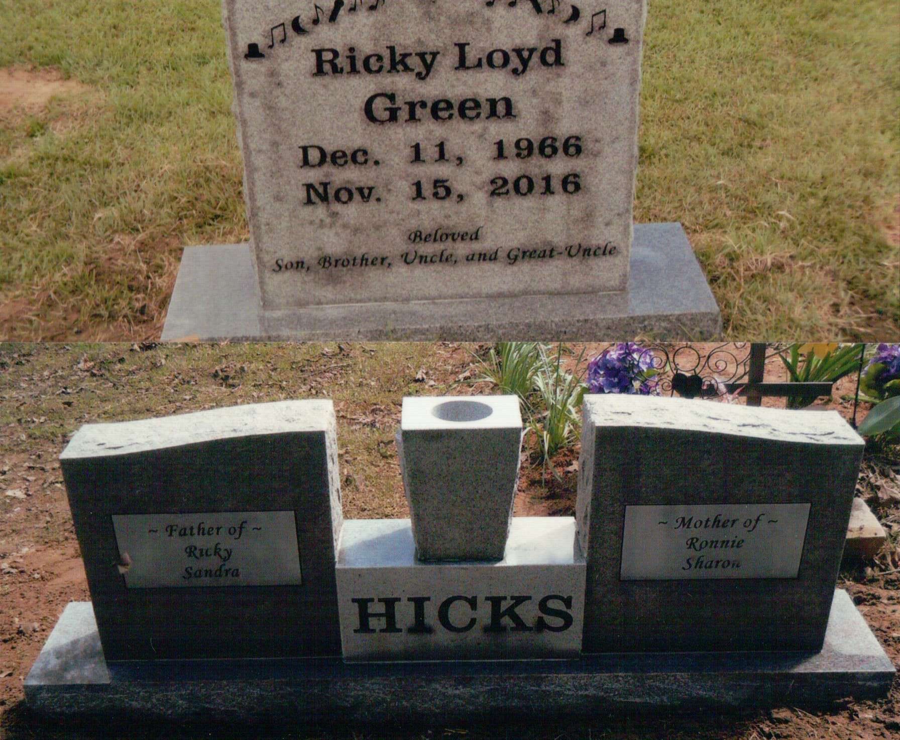 Two gravestones in a grassy cemetery: one marked for Ricky Loyd Green, and a multi-part monument with the name HICKS.