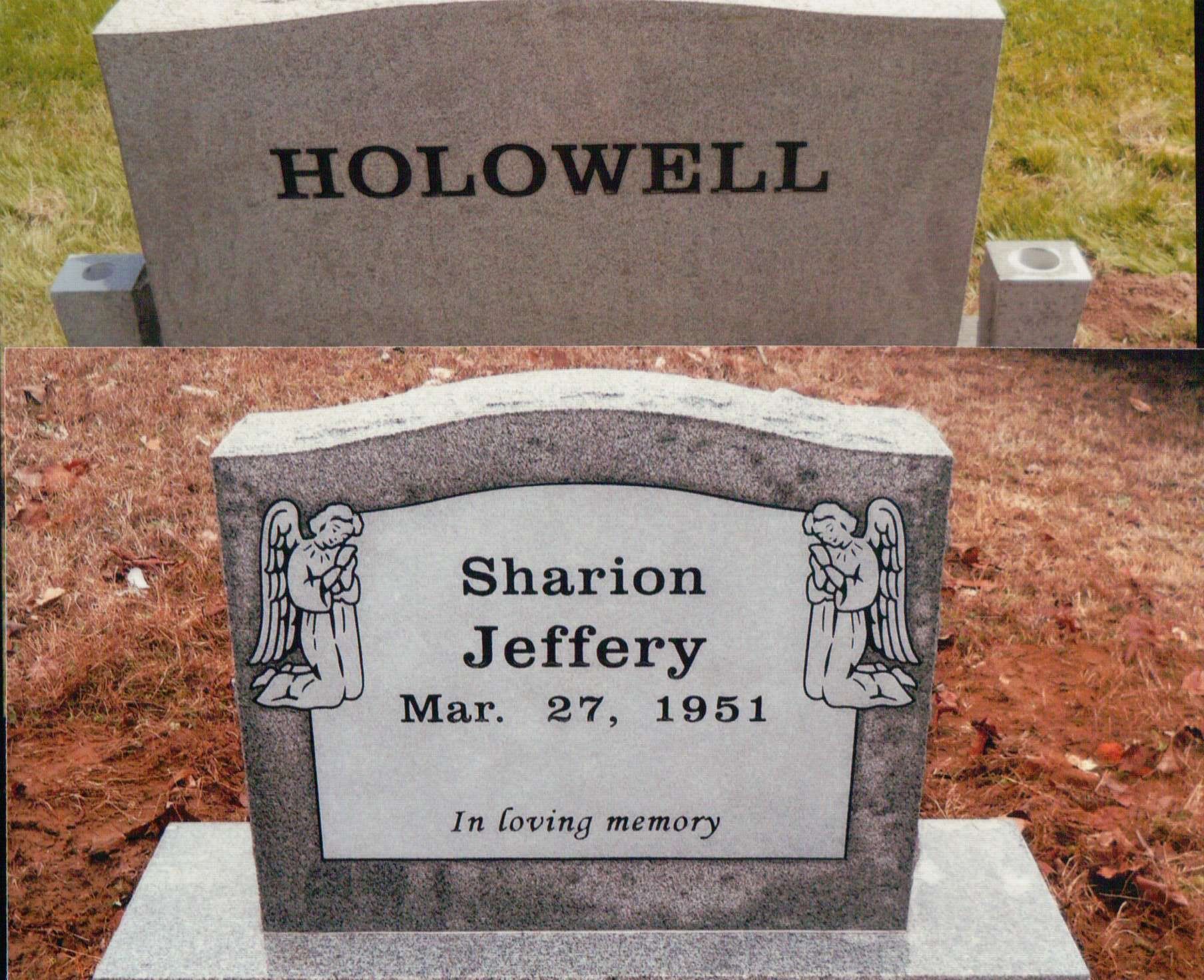 A composite of two grave markers: one engraved 