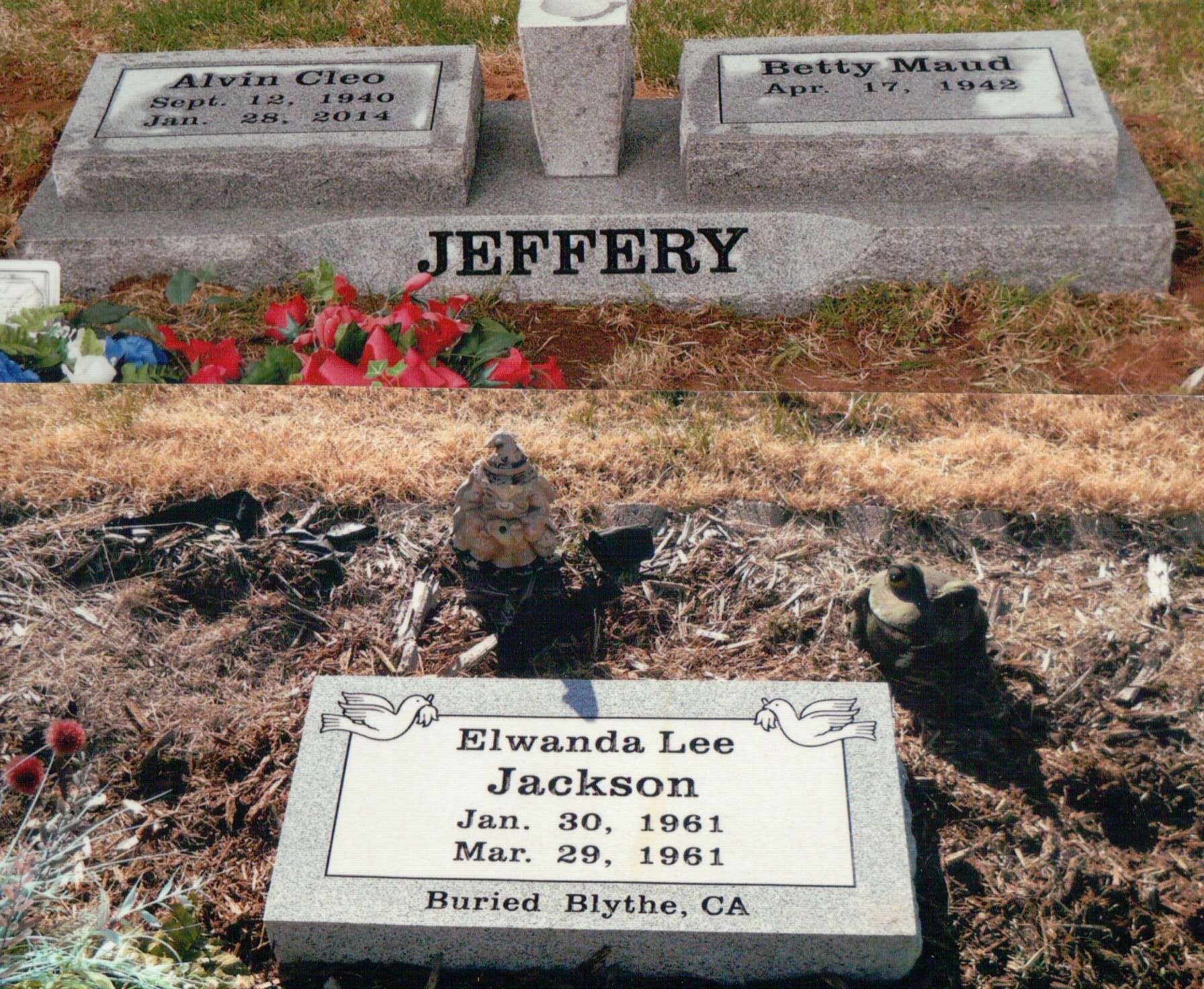 Two grave markers in a grassy cemetery: one double headstone for the Jeffery family and one smaller marker for E. Jackson.