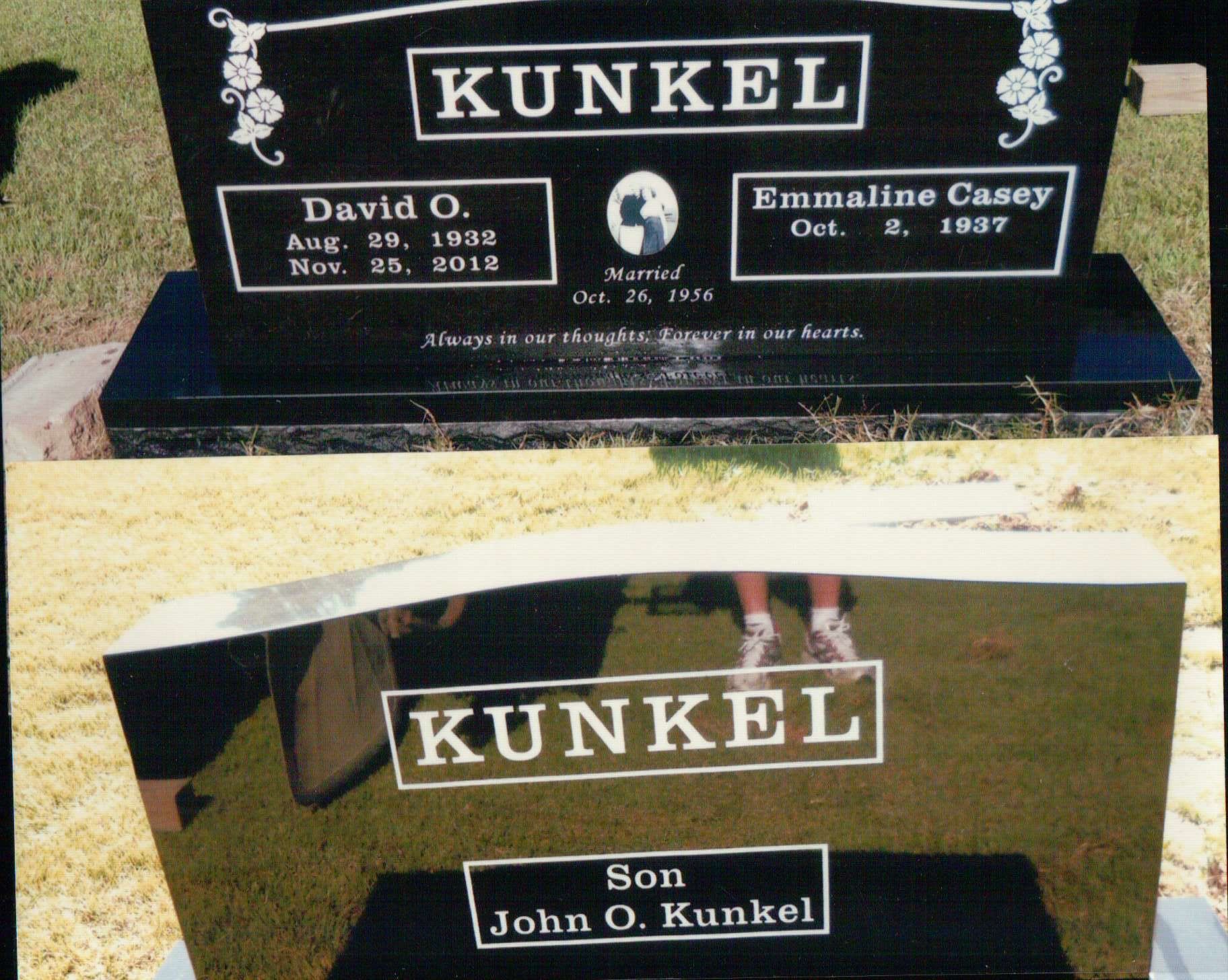 Two black granite grave markers for the Kunkel family, one listing David O. and Emmaline Casey, and one for John O. Kunkel.