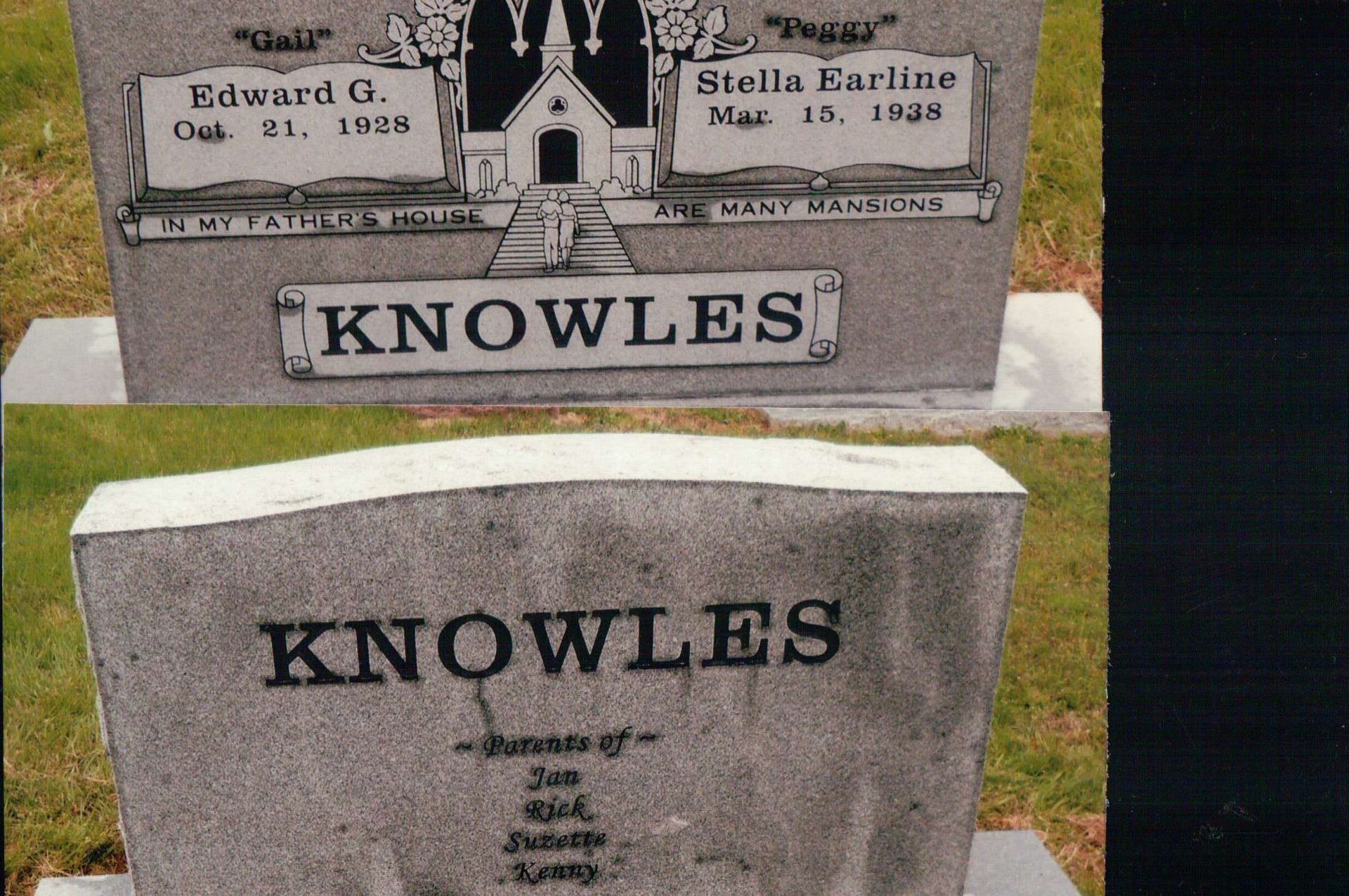 Two gray granite grave markers for the Knowles family, one showing names and dates, the other showing family members.