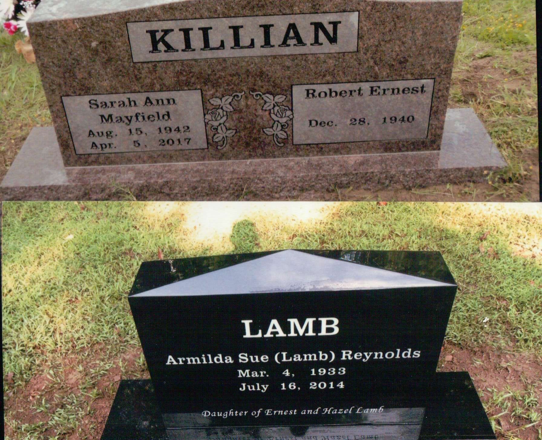 Two headstones on grass: a brown granite Killian marker and a black granite Lamb marker with dates and names inscribed.