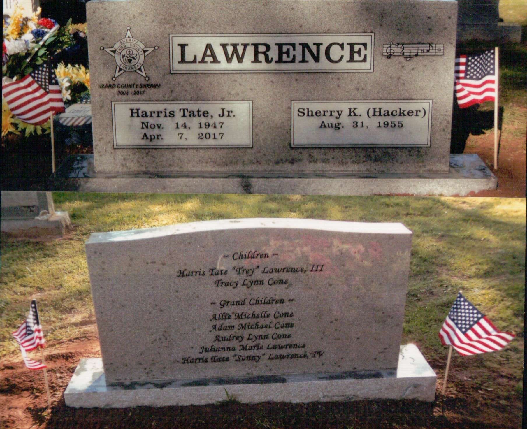 Two stacked photos showing both sides of a granite tombstone for the Lawrence family, surrounded by small US flags.