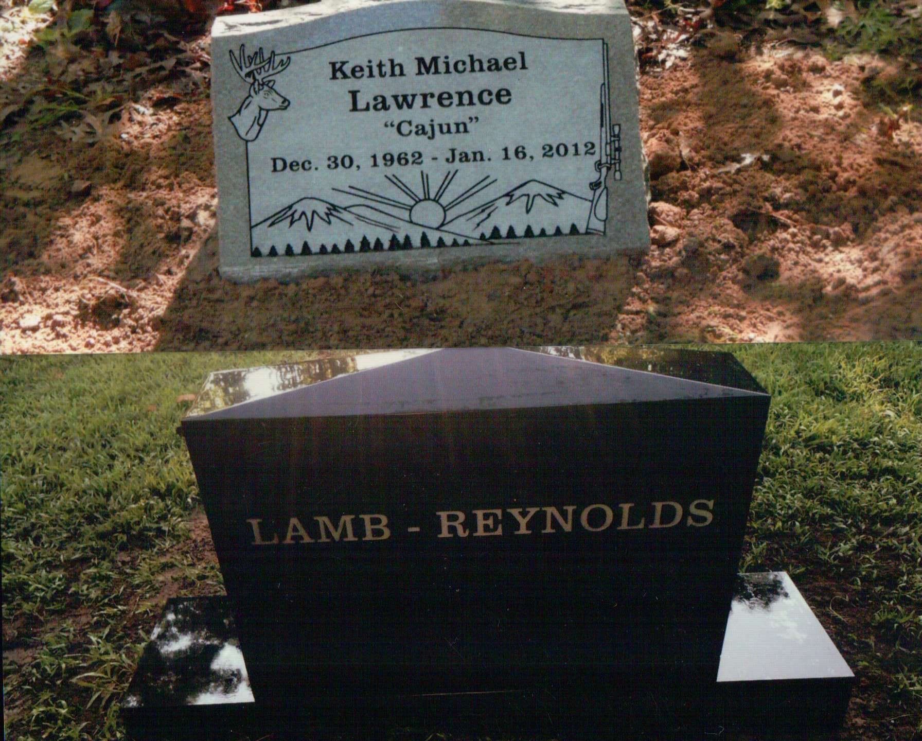 A vertical collage showing two separate gravestones in an outdoor, grassy setting.