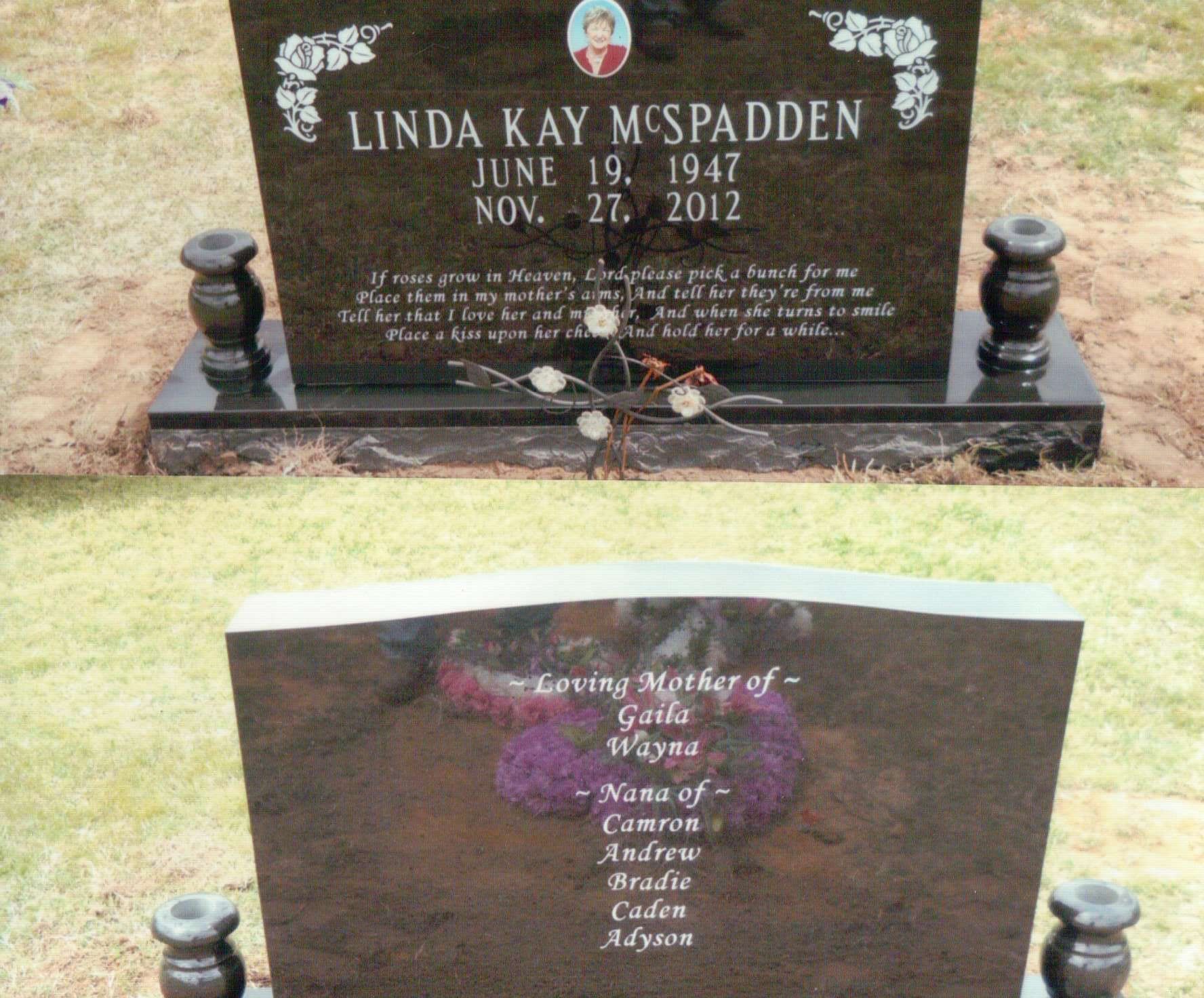 Front and back views of a dark granite gravestone for Linda Kay McSpadden, featuring a photo, inscription, and names.