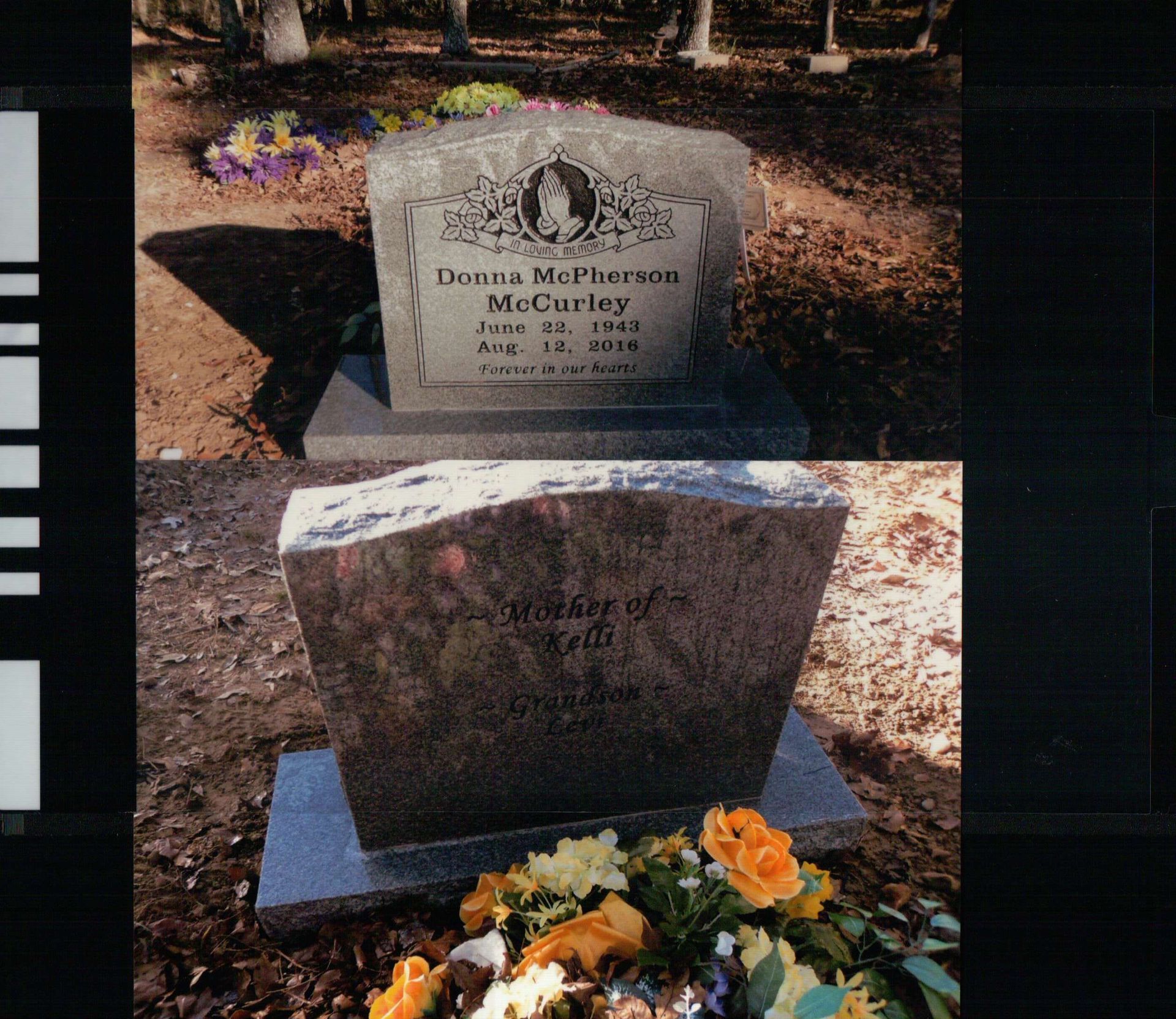 Two gravestones in an outdoor setting, one displaying the name 