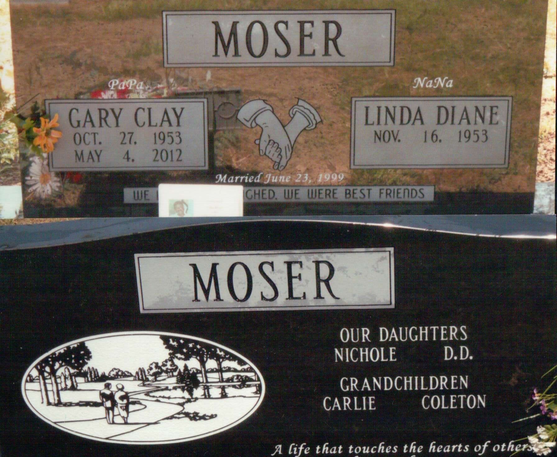 Two black granite grave markers for the Moser family, featuring names, dates, family details, and engraved illustrations.
