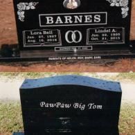 Two black granite tombstones. One marks the Barnes family; the other is inscribed with 
