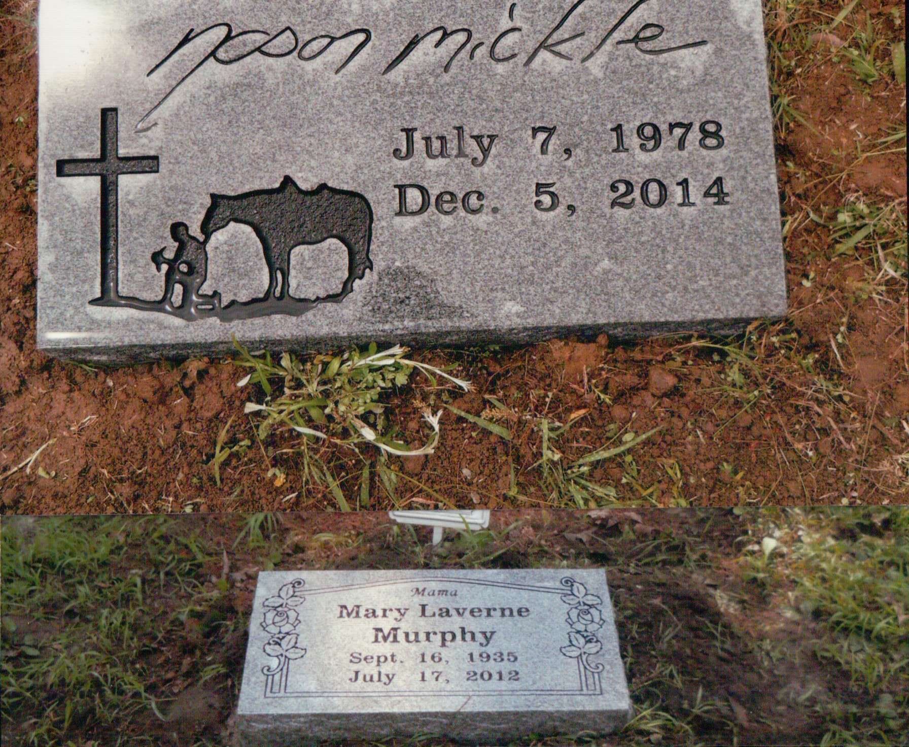Two stone grave markers on grass. Top: Jason Mickle (1978-2014) with a horse carving. Bottom: Mary Lavergne Murphy (1935-2019).