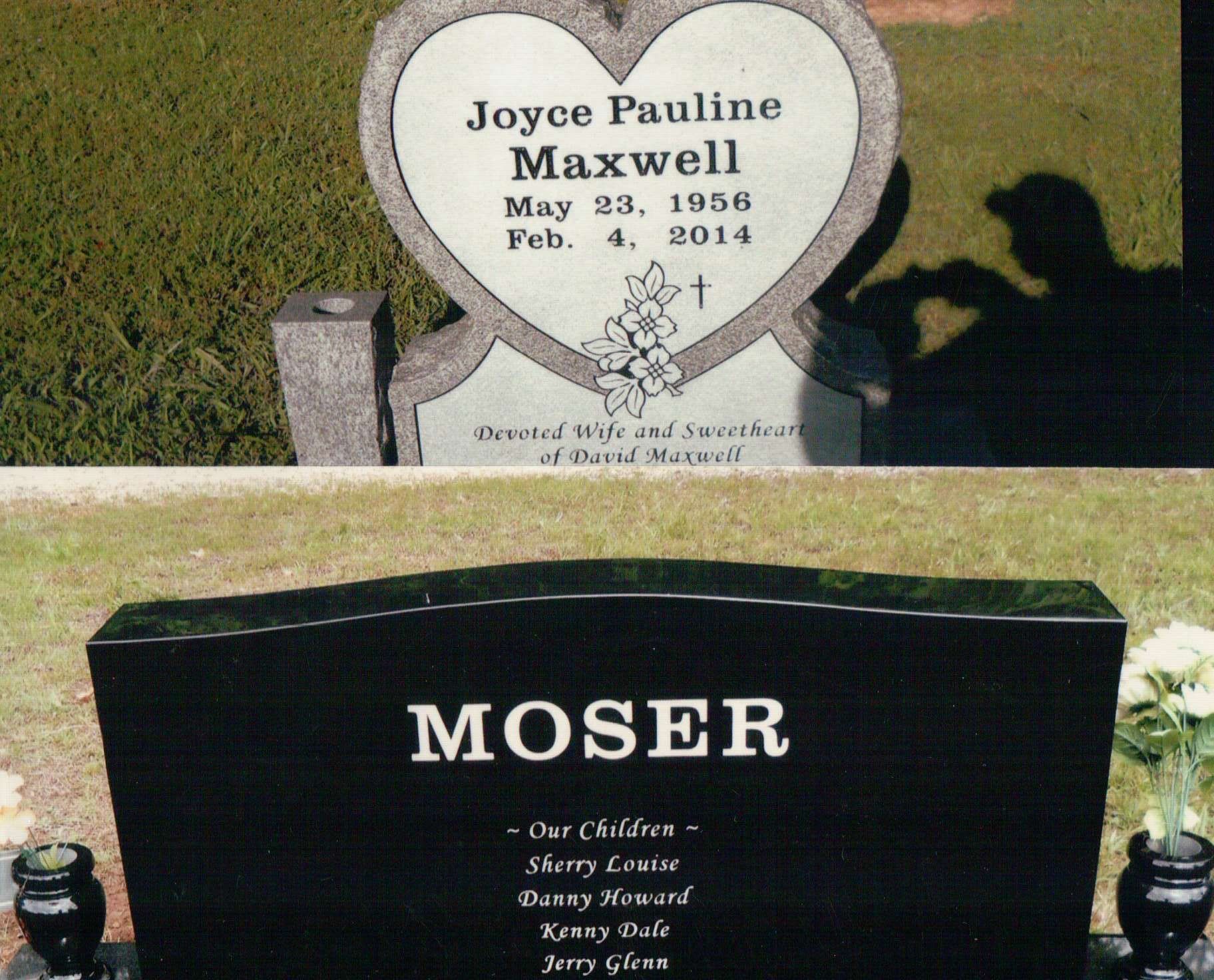 A heart-shaped tombstone for Joyce Pauline Maxwell sits above a black granite marker for the Moser family.