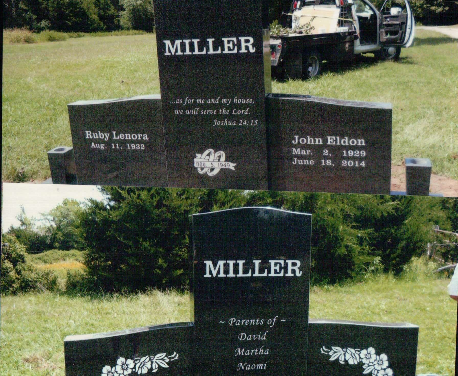 A two-part photo showing front and back views of a black granite headstone with 