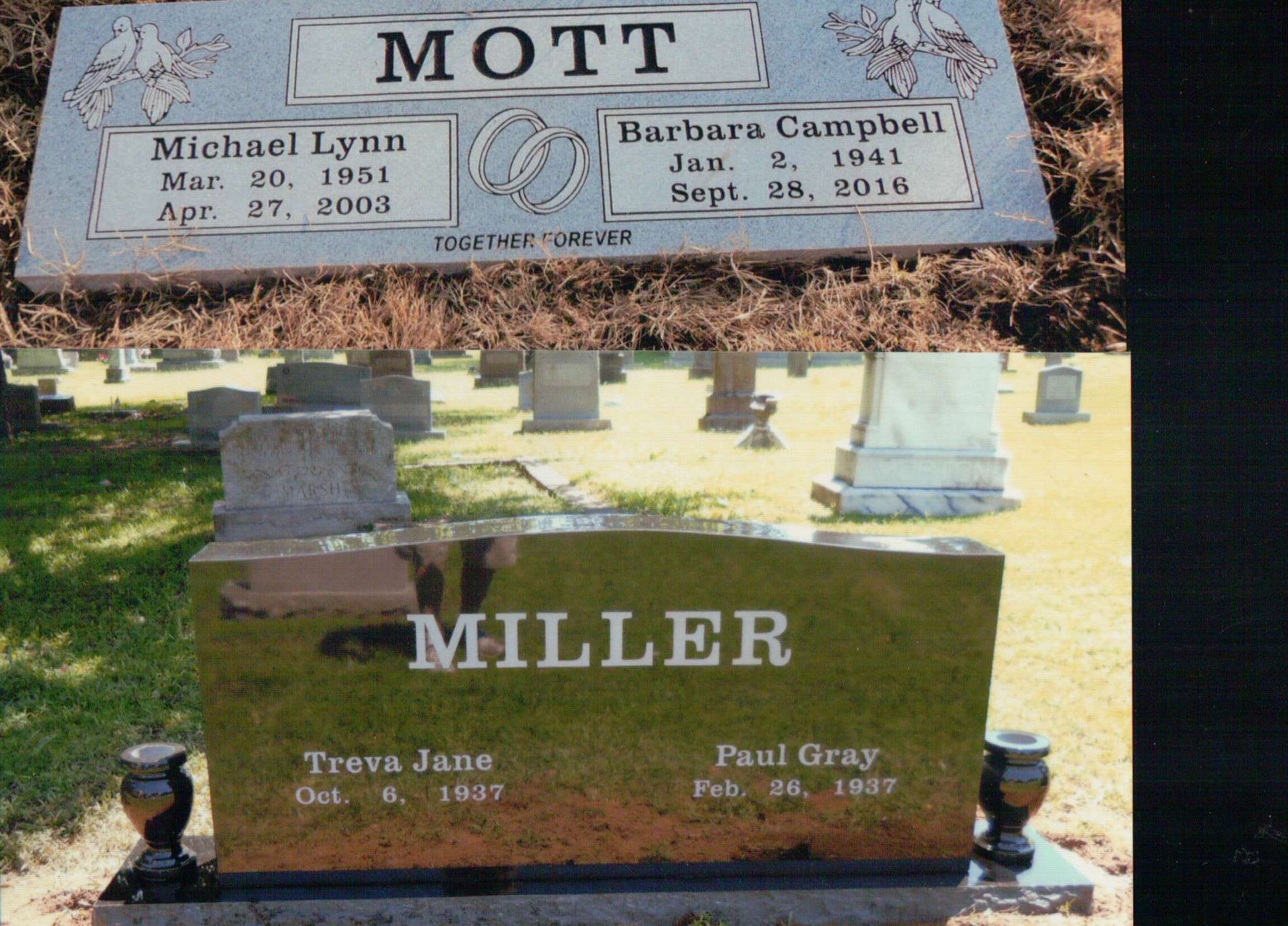 A composite view of two gravestones in a cemetery: the MOTT marker above, and the MILLER marker below in a park setting.