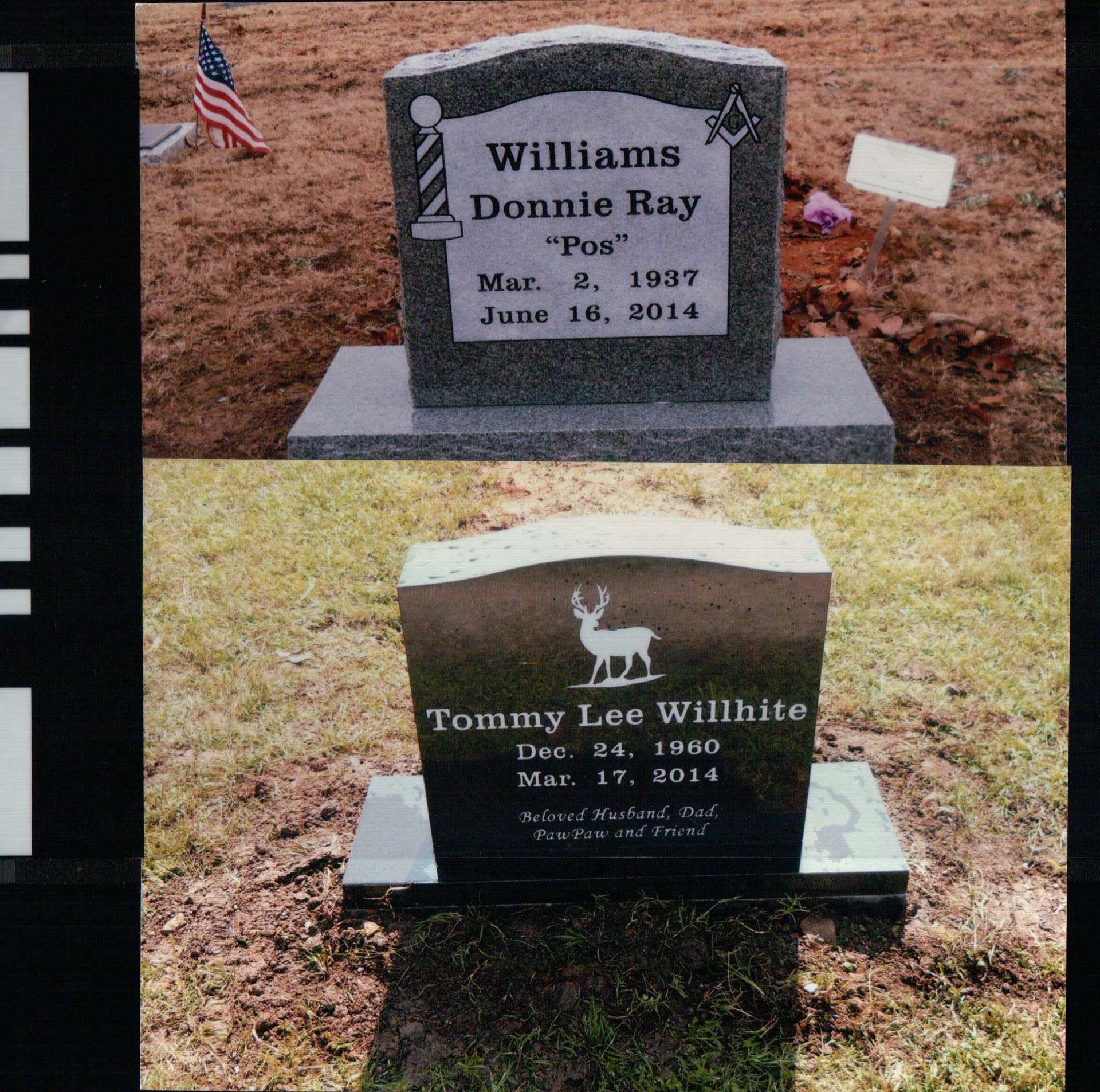 Two headstones side-by-side in a cemetery: Williams Donnie Ray (1937–2014) and Tommy Lee Willhite (1960–2014).
