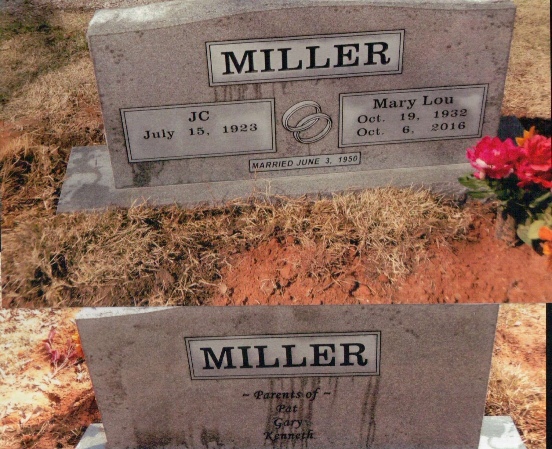 Front and back views of a granite Miller family headstone in a cemetery, showing dates and names of children.