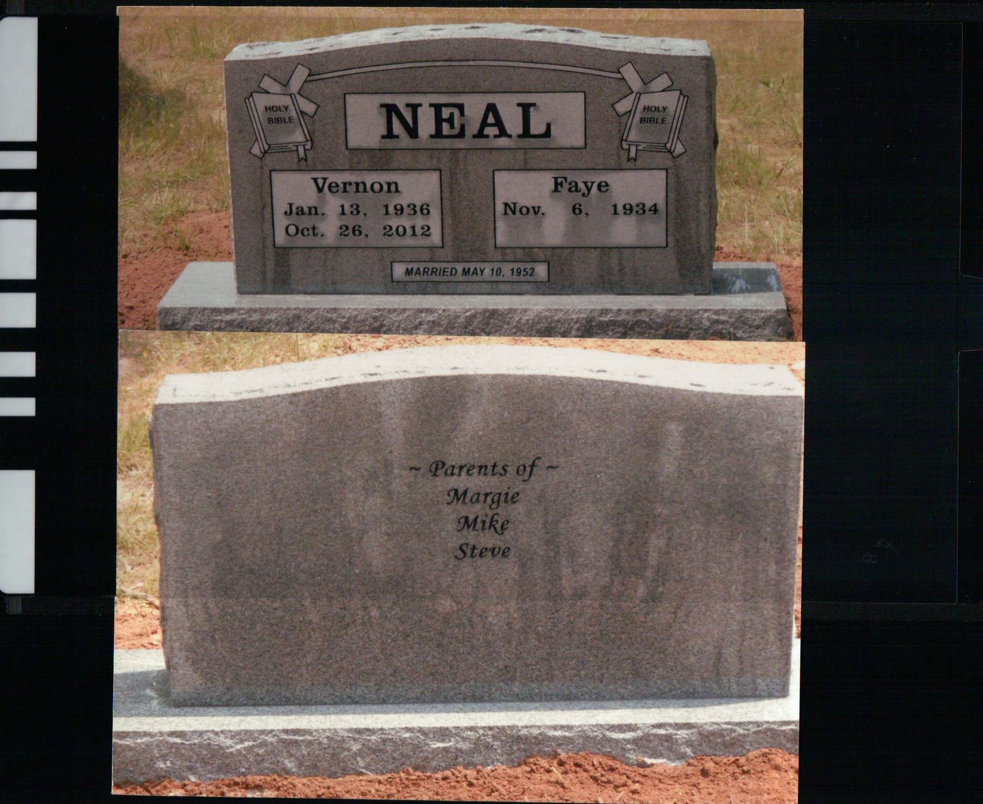 A double-sided grey granite grave marker for Vernon and Faye Neal, listing their children on the back.