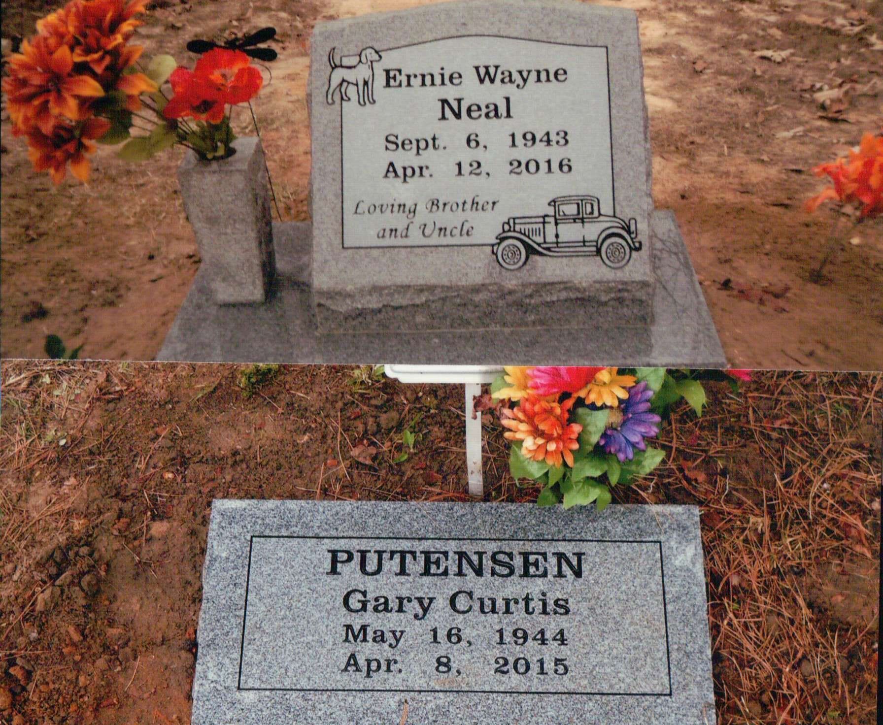 Two granite grave markers set in grass, one upright with a car engraving and flowers, and one flat marker for Gary Putensen.