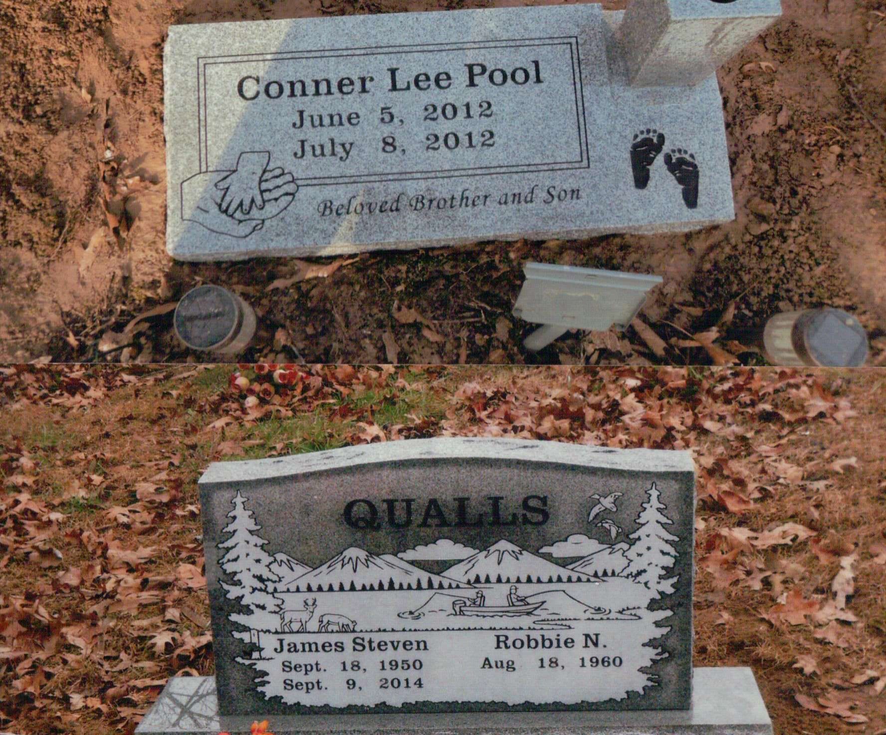 Two granite headstones in a grassy cemetery: one for Conner Lee Pool and one for the Qualls family.