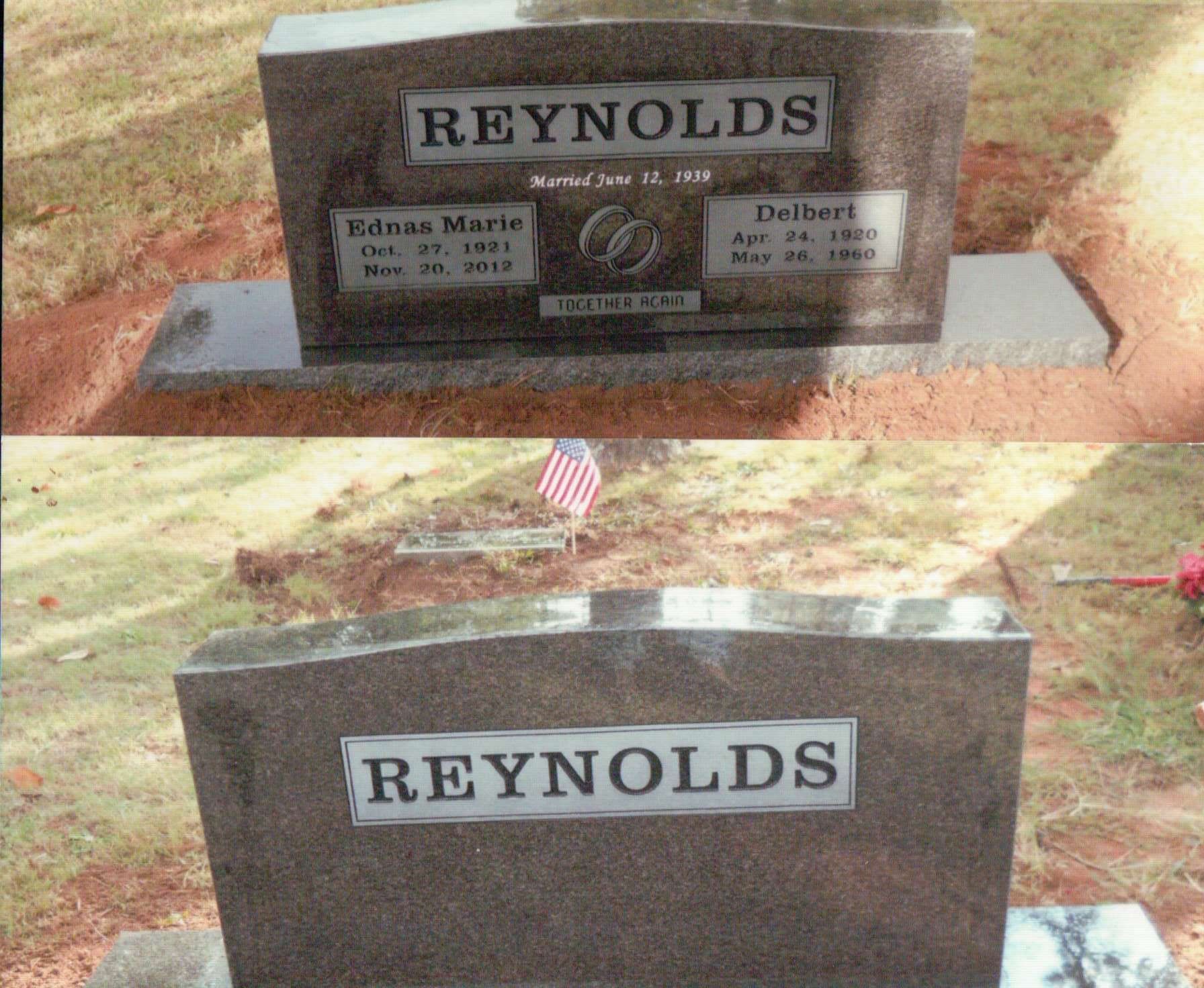 Two photos of a dark grey granite grave marker for the Reynolds family, showing name, dates, and wedding rings.
