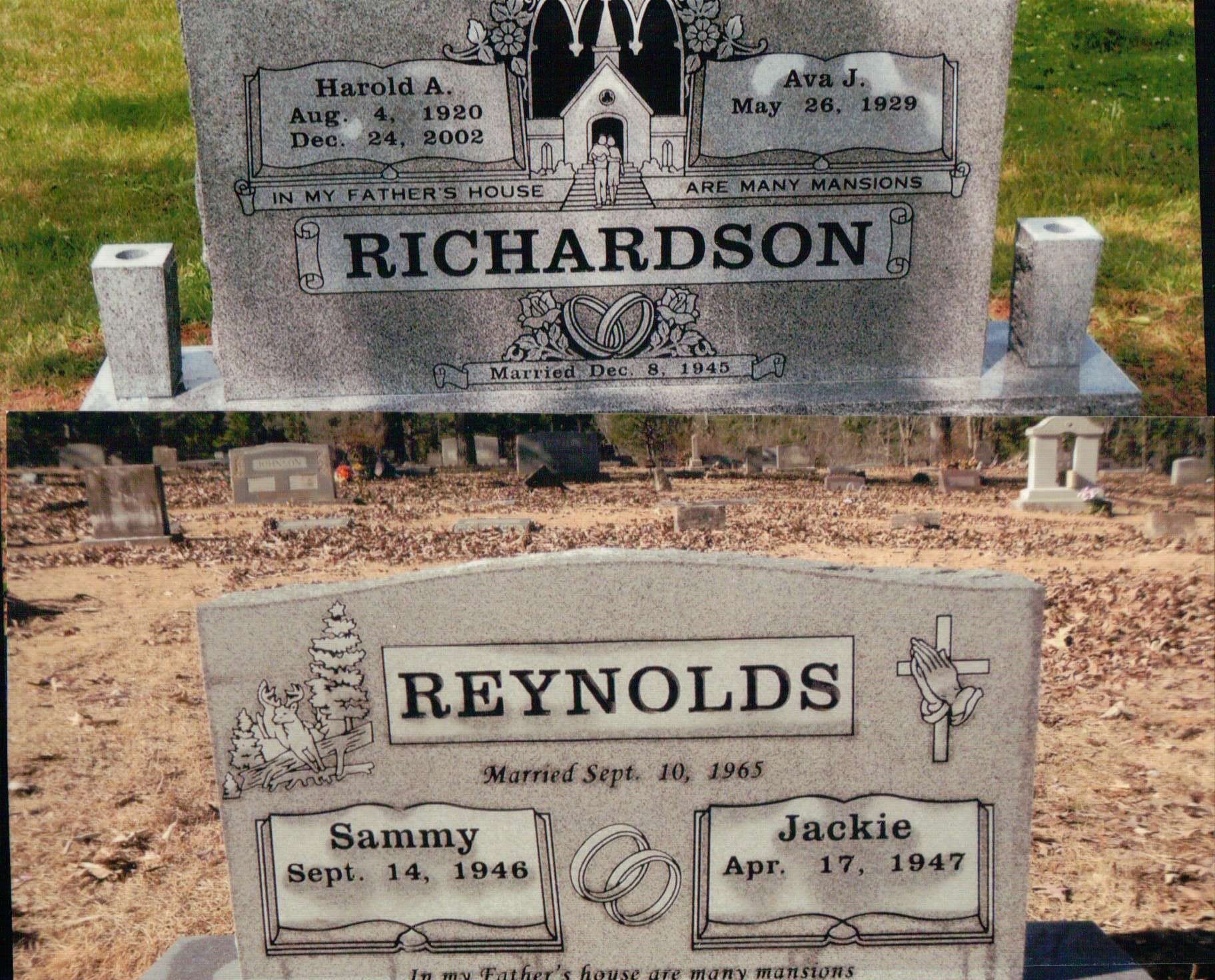 Two granite headstones in a cemetery, featuring names, dates, and religious iconography.