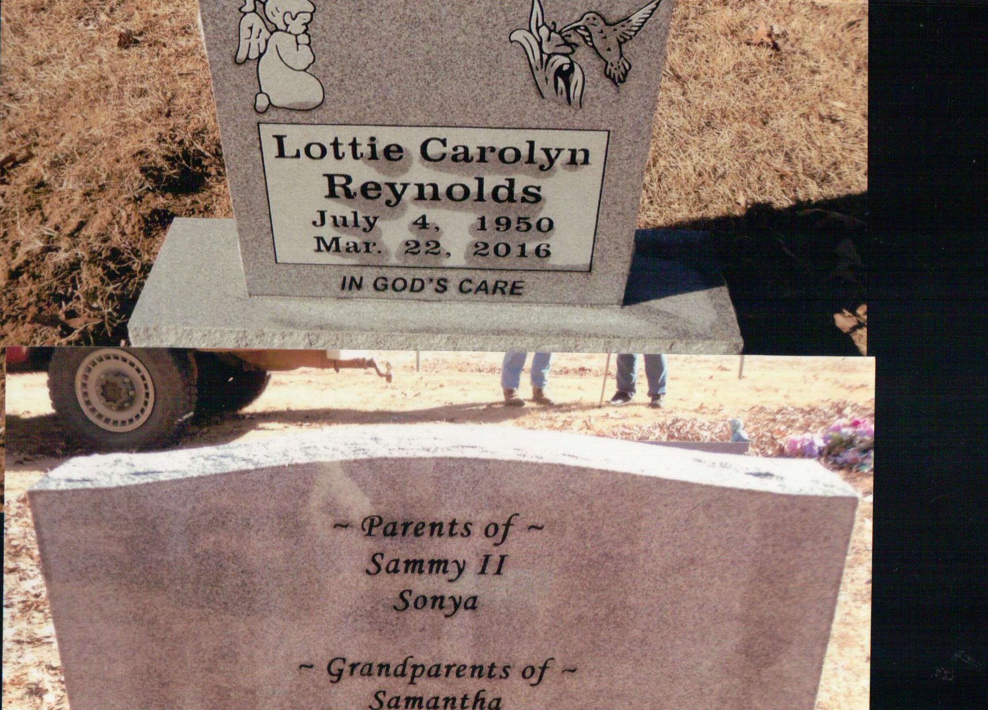A two-part photo showing the front and back of a grey granite tombstone for Lottie Carolyn Reynolds.