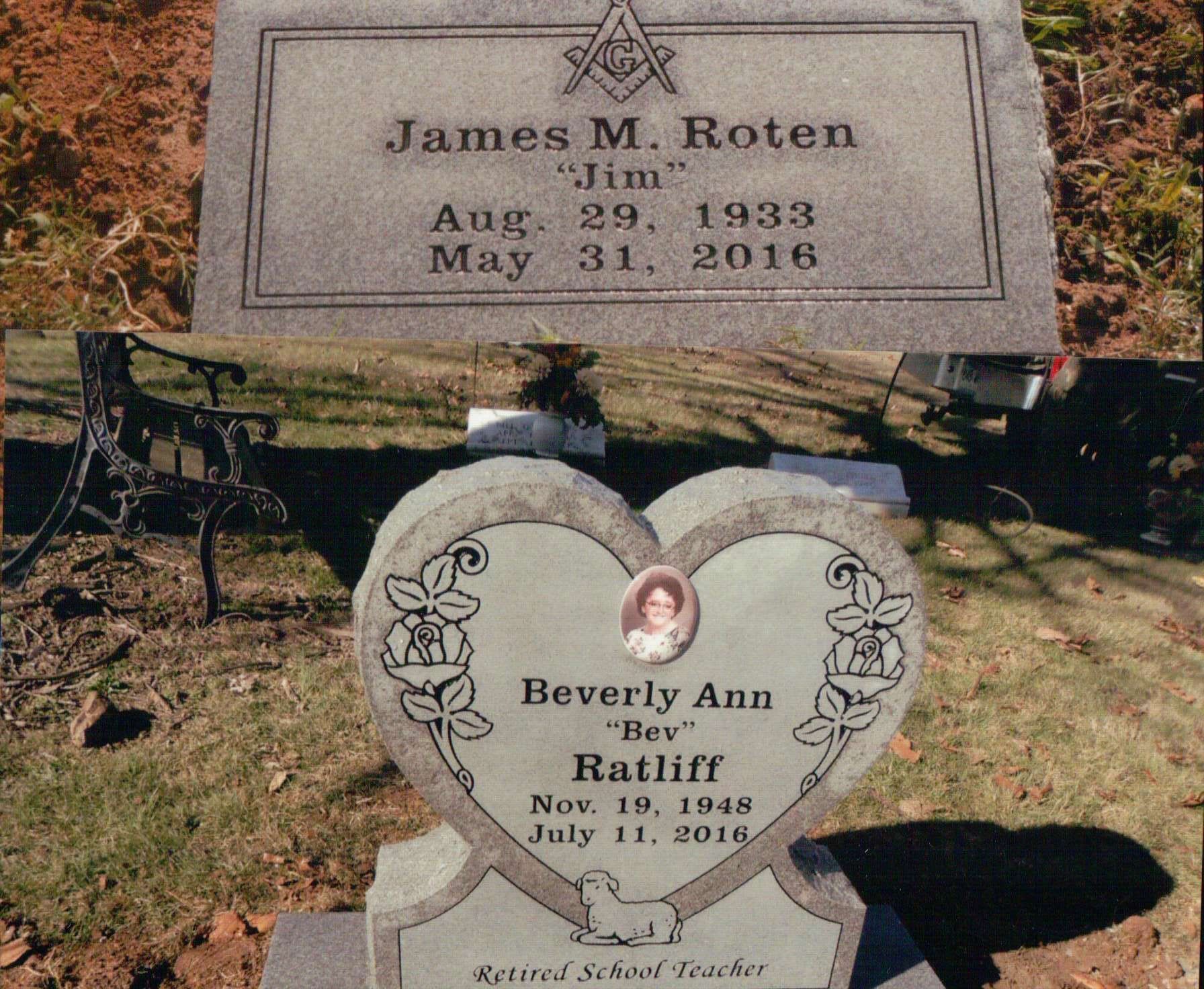 Two gravestones: one rectangular for James M. Roten, and one heart-shaped for Beverly Ann Ratliff in an outdoor setting.