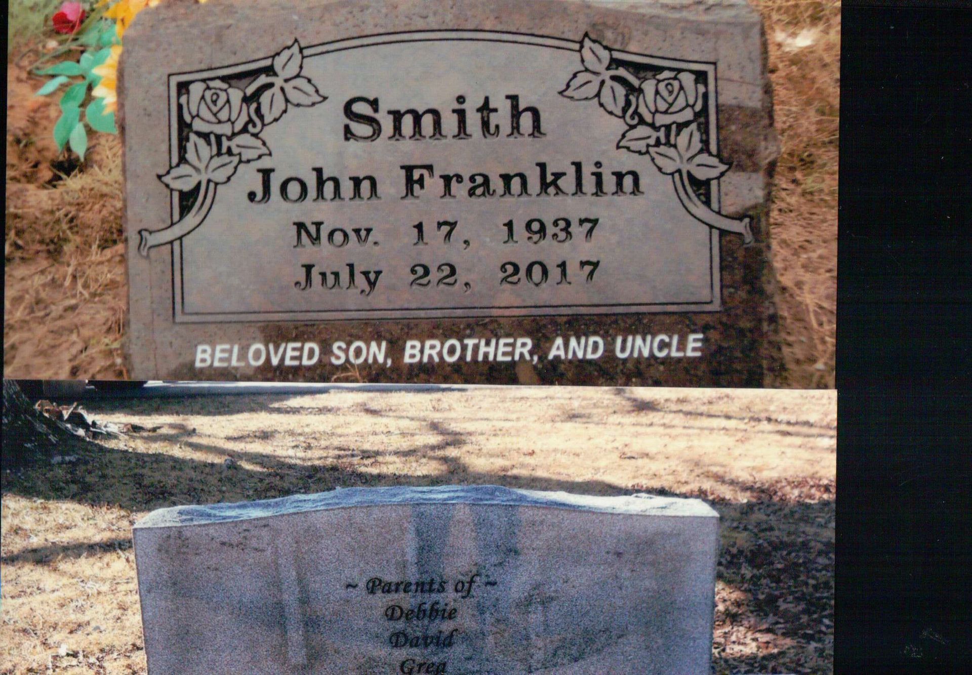 Two images of a grave marker: one showing 