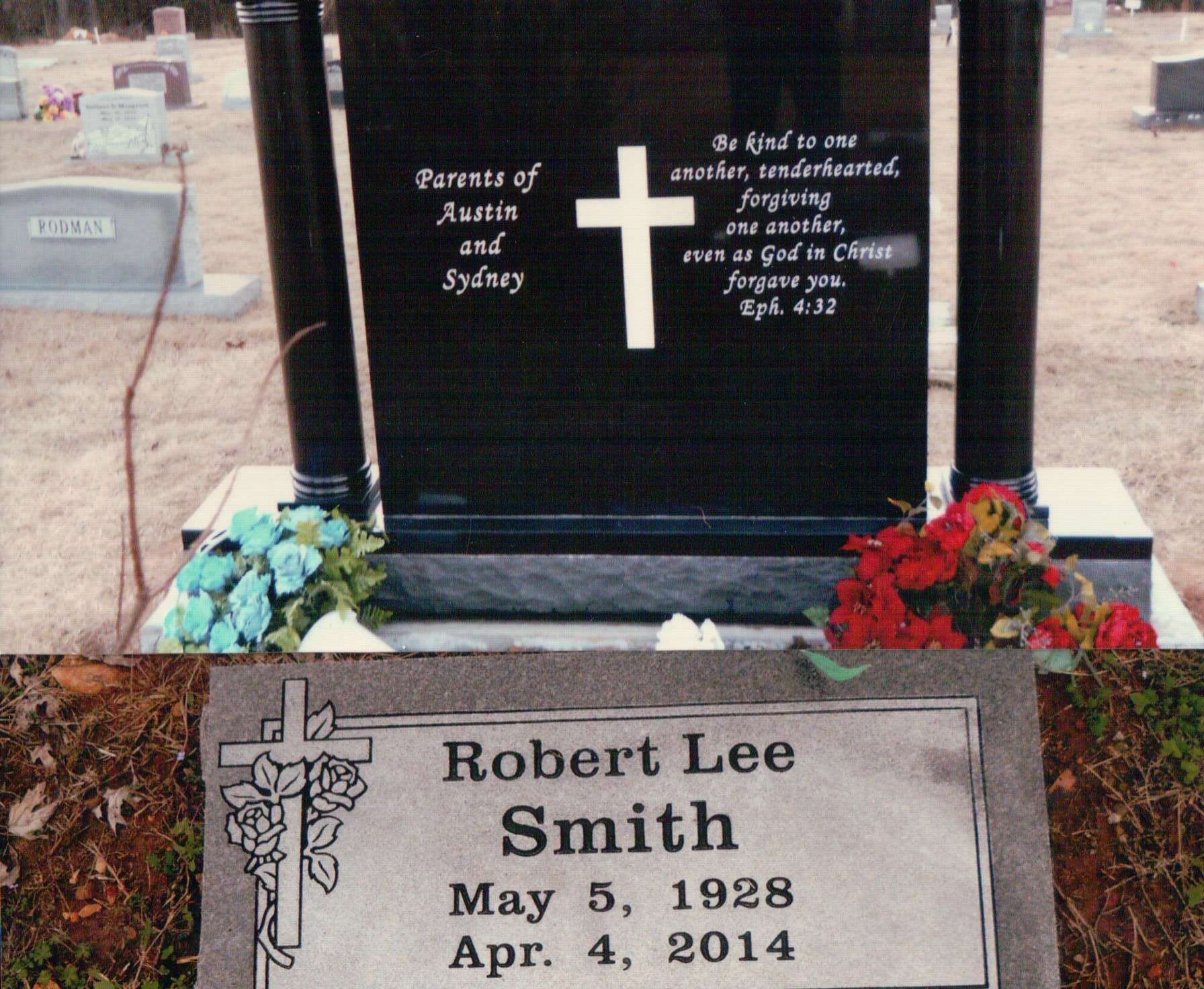 A composite image of two gravestones: a black upright monument and a gray ground-level memorial for Robert Lee Smith.