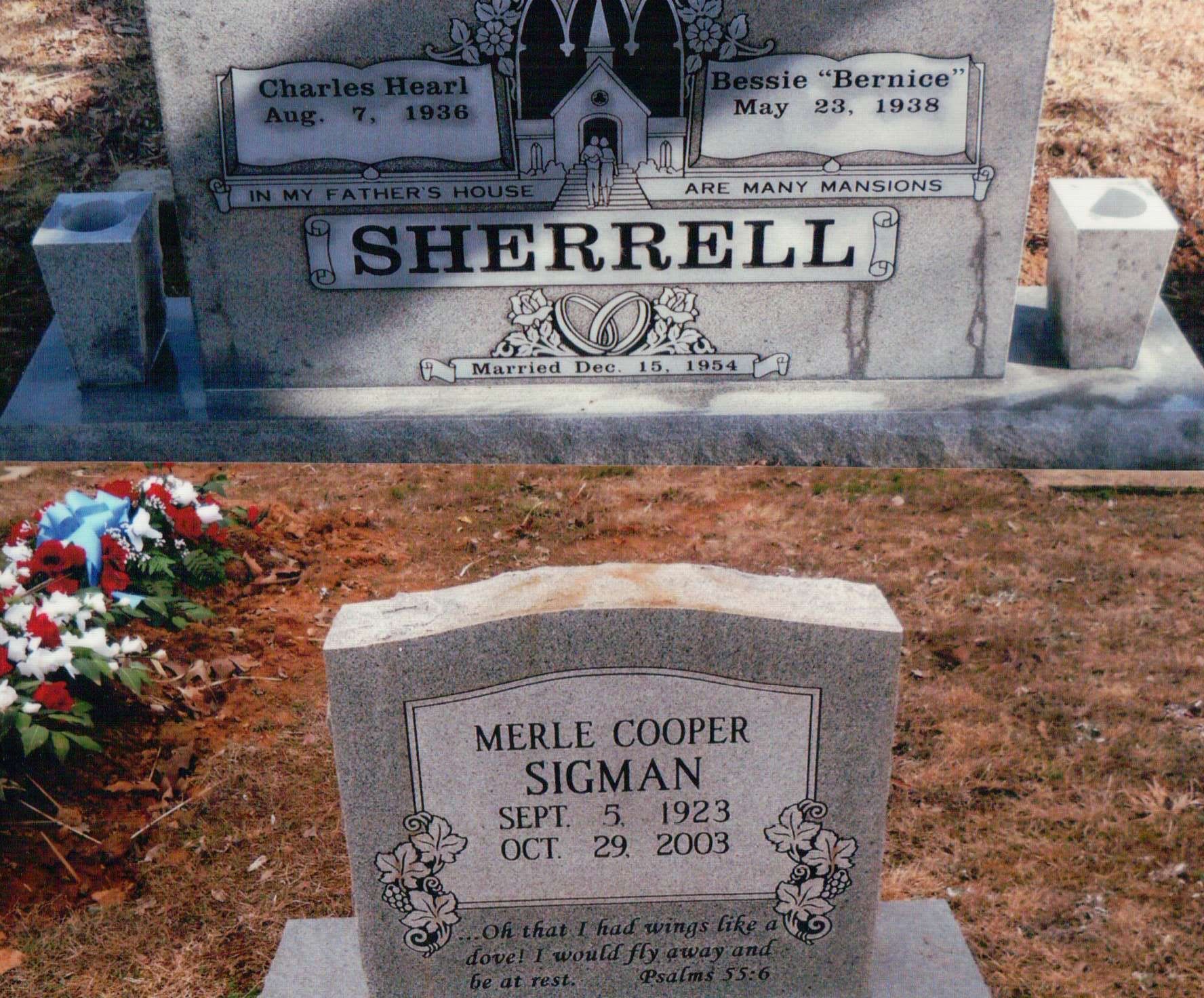 Two gray granite headstones in a cemetery; one inscribed 