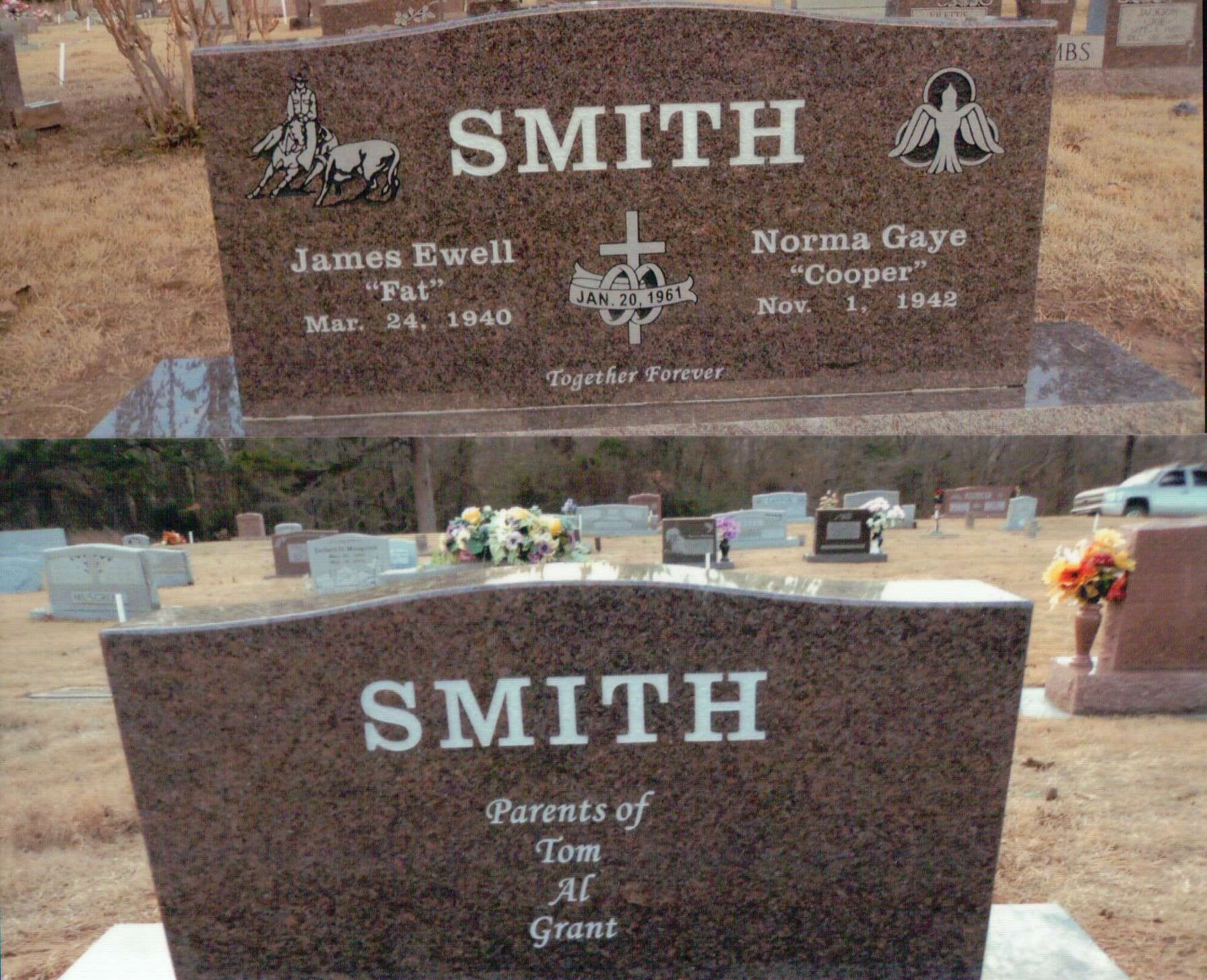 A split-view of a red granite tombstone inscribed 