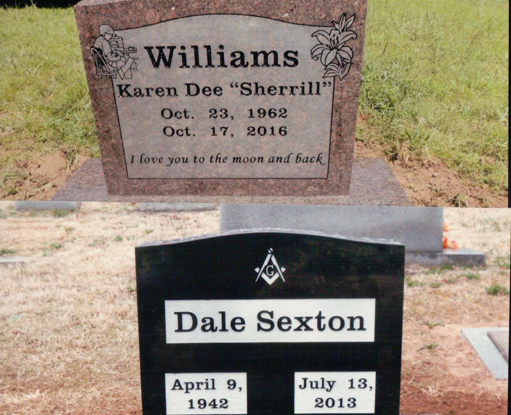 Two gravestones side by side: a reddish-brown marker for Karen Dee Williams and a black marble marker for Dale Sexton.