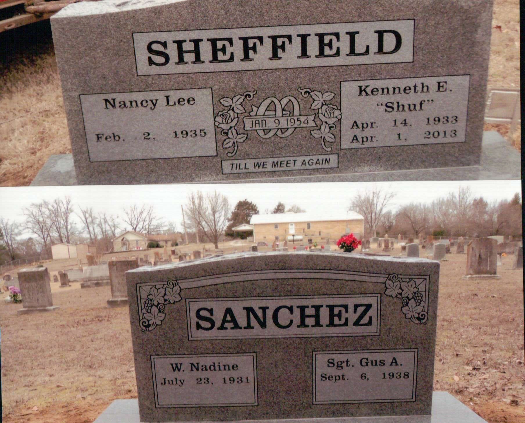 Two side-by-side images of gray granite headstones in a cemetery, one for the Sheffield family and one for the Sanchez family.