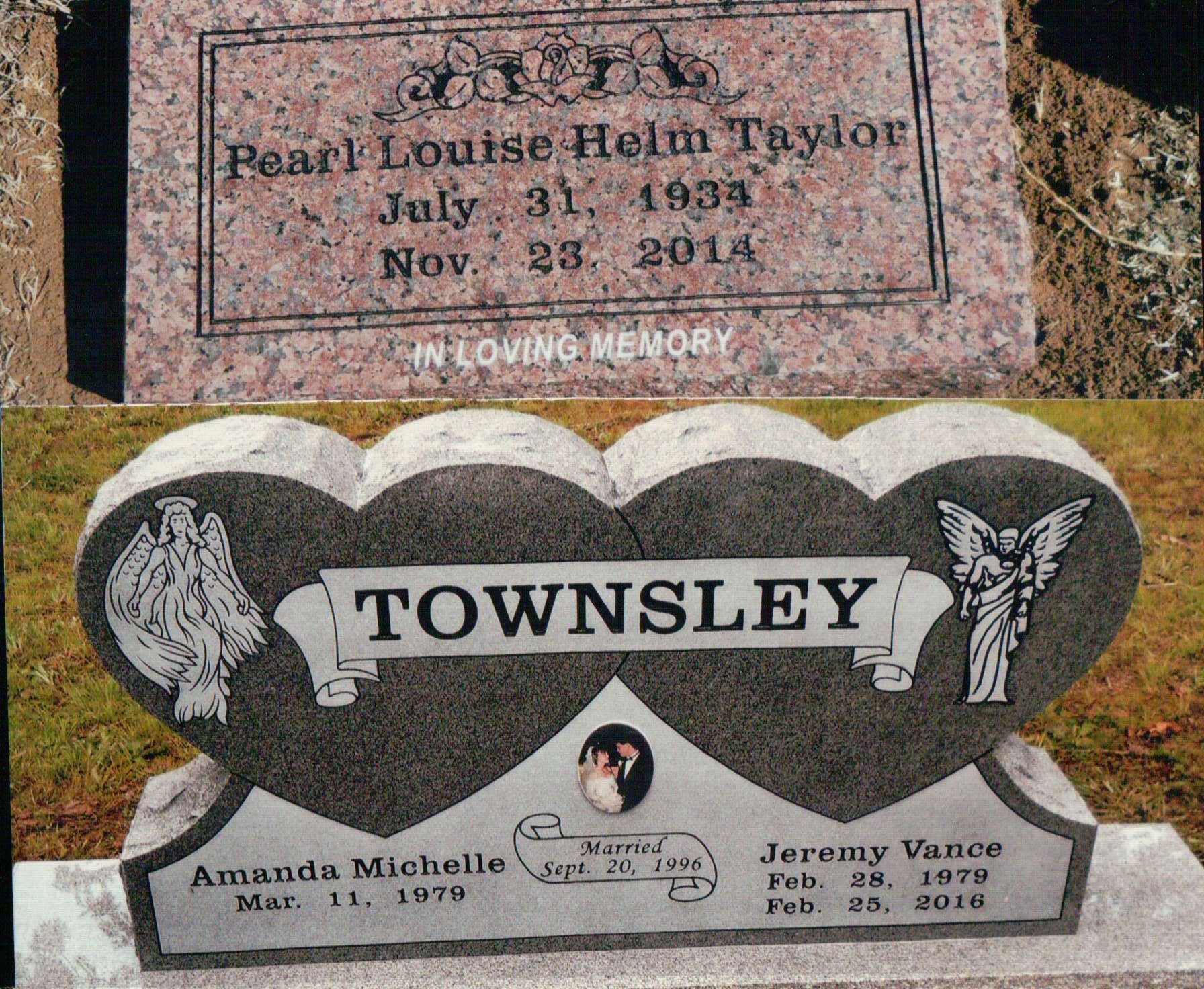 Two gravestones: a pink granite slab for Pearl Louise Helm Taylor and a double-heart gray stone for the Townsley family.