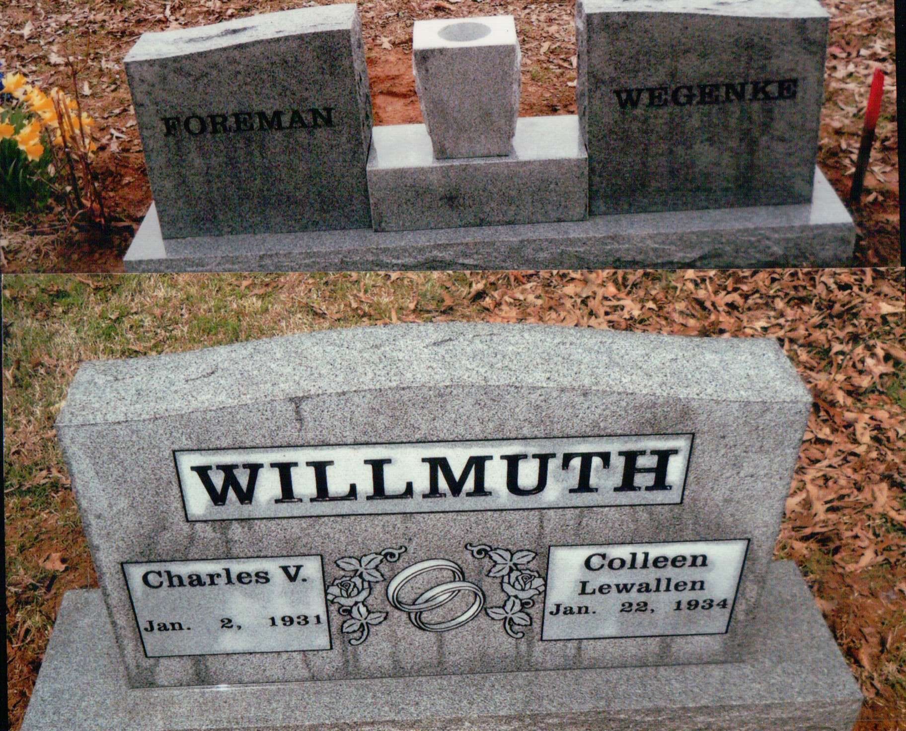 Two gravestones in a cemetery, one labeled 