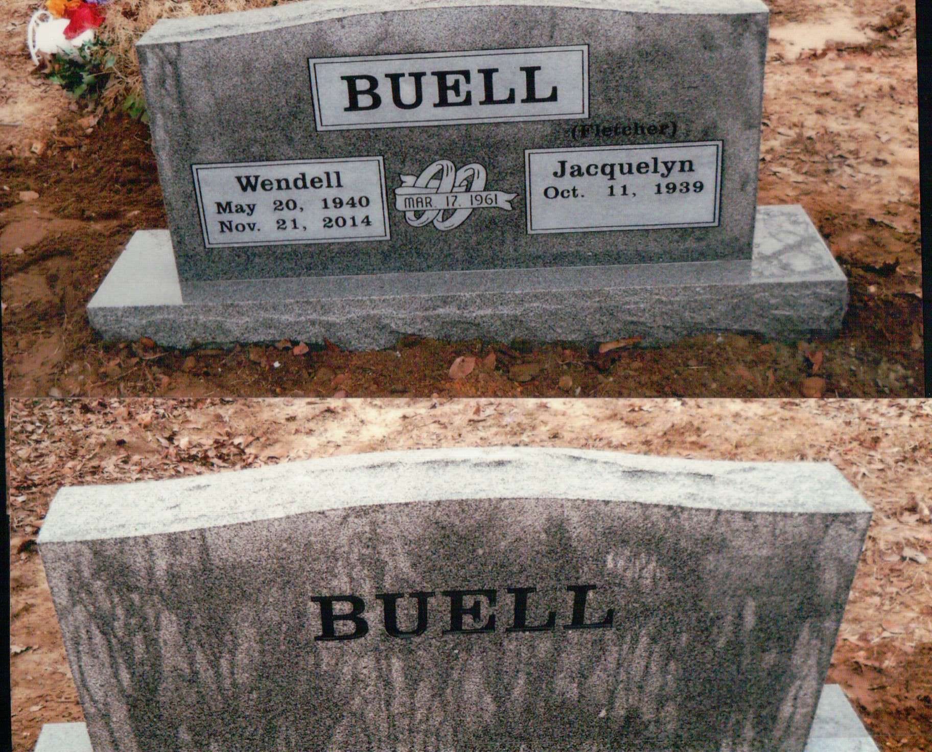 A split-view image showing a granite gravestone inscribed with the name BUELL and burial dates for Wendell and Jacquelyn.