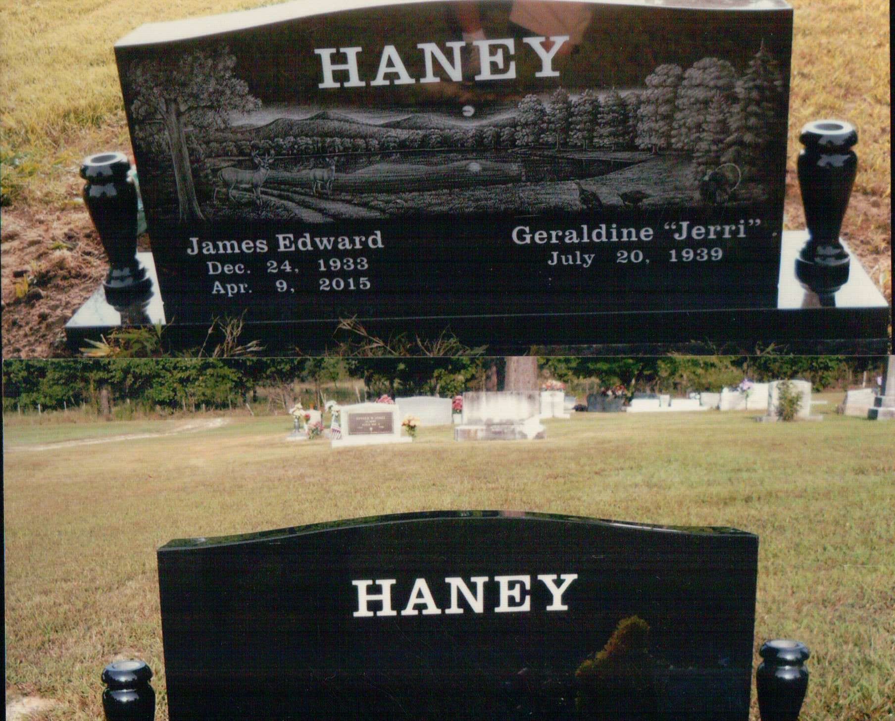 A split image showing a black headstone inscribed 