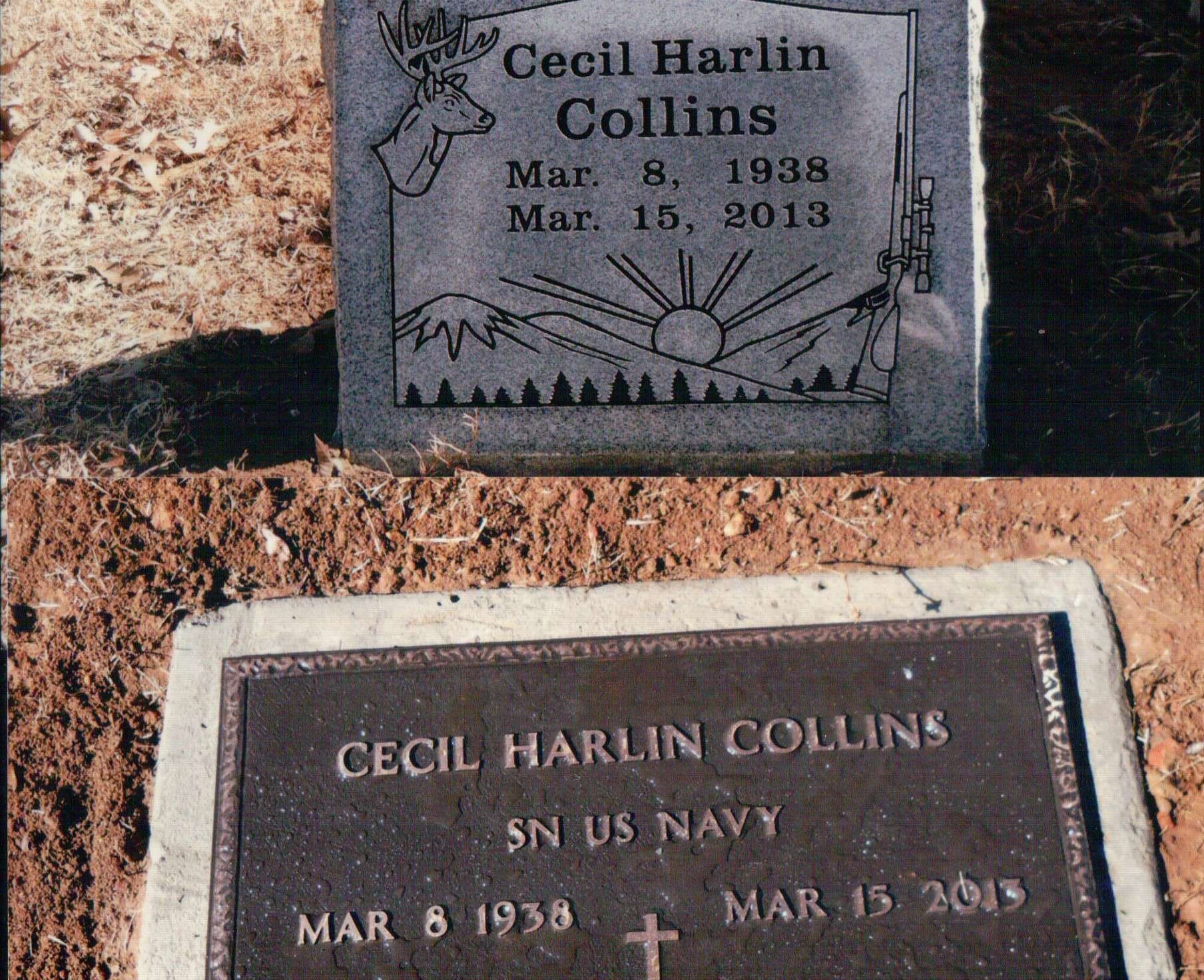 Two memorial markers for Cecil Harlin Collins, showing his name and birth and death dates, set in dirt at a gravesite.