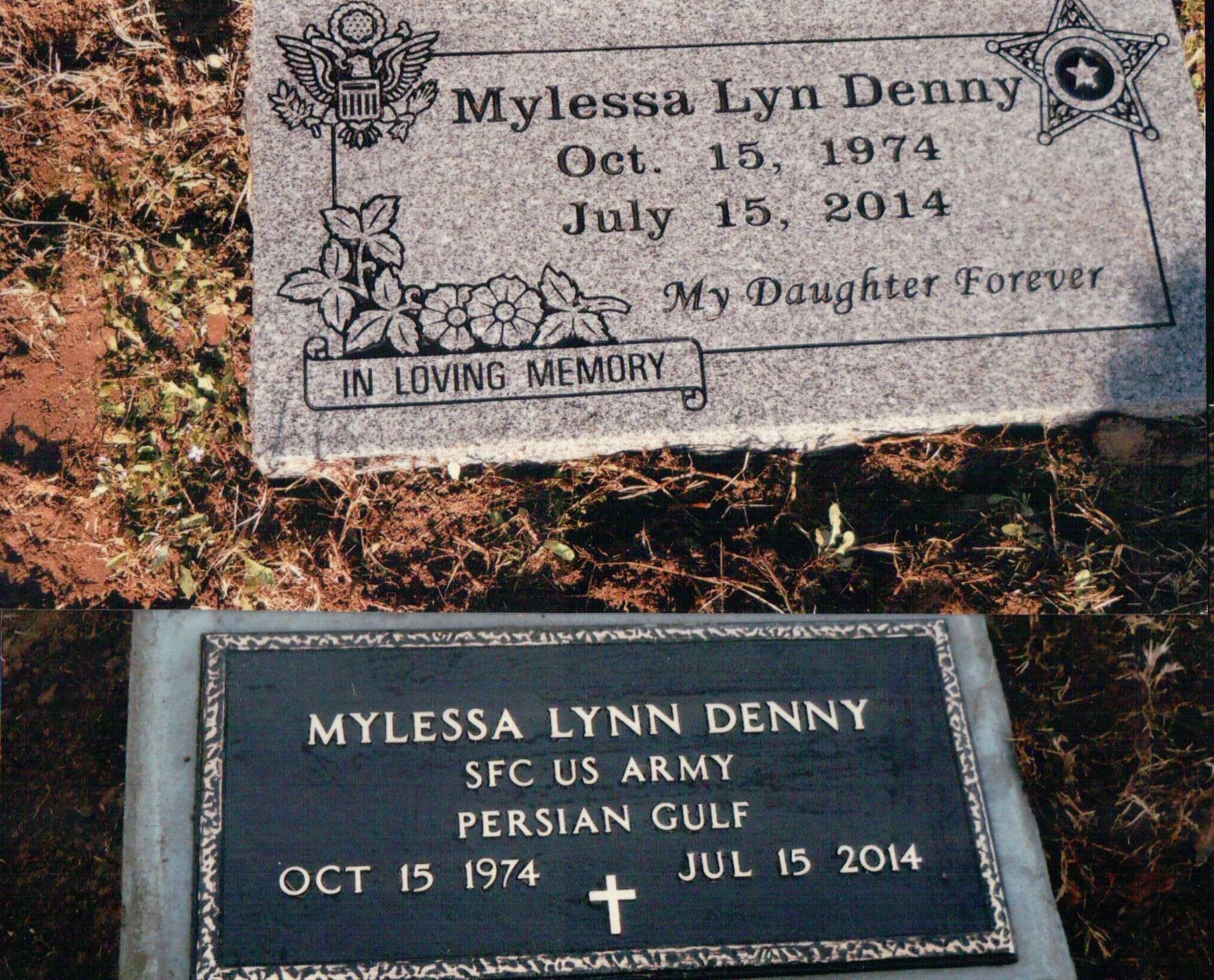 Two gravestones for Mylessa Lynn Denny, one granite and one bronze military marker, set in the ground.