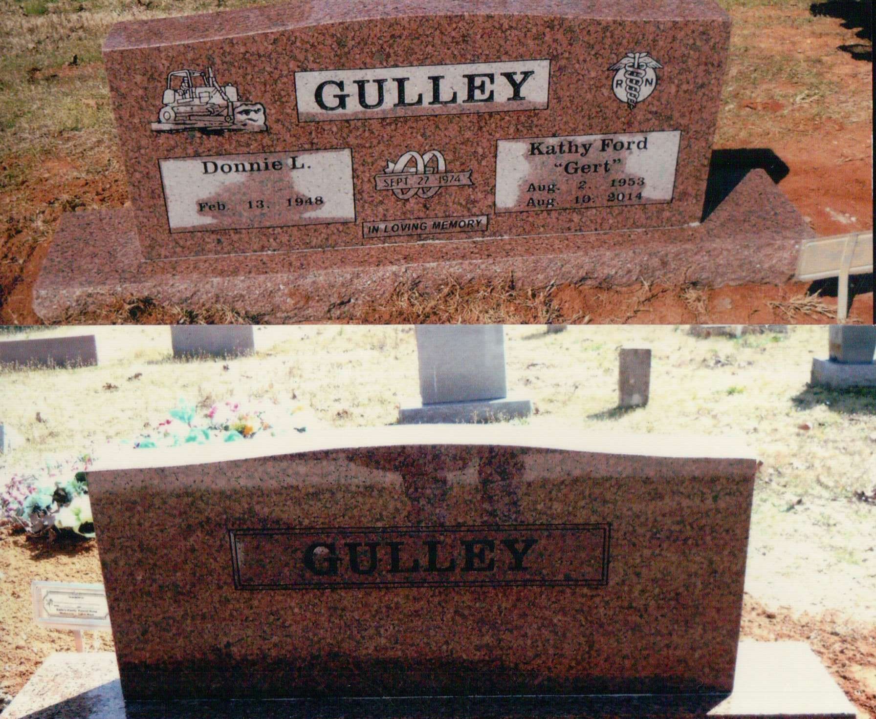 A composite image of a granite tombstone, showing the detailed memorial engraving above and the plain side below.