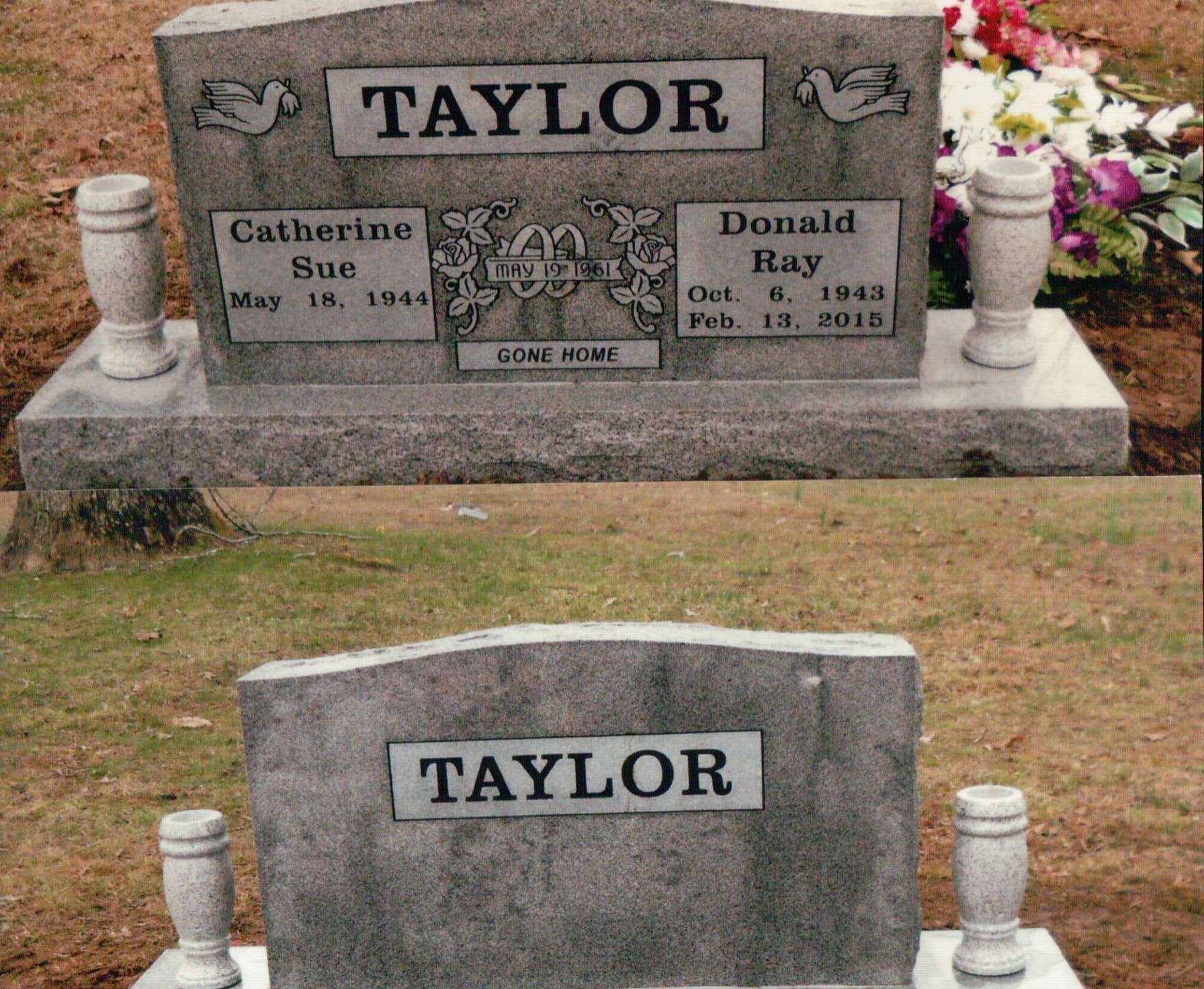 A split-level view of a gray granite headstone for the Taylor family, featuring names, dates, and floral motifs.